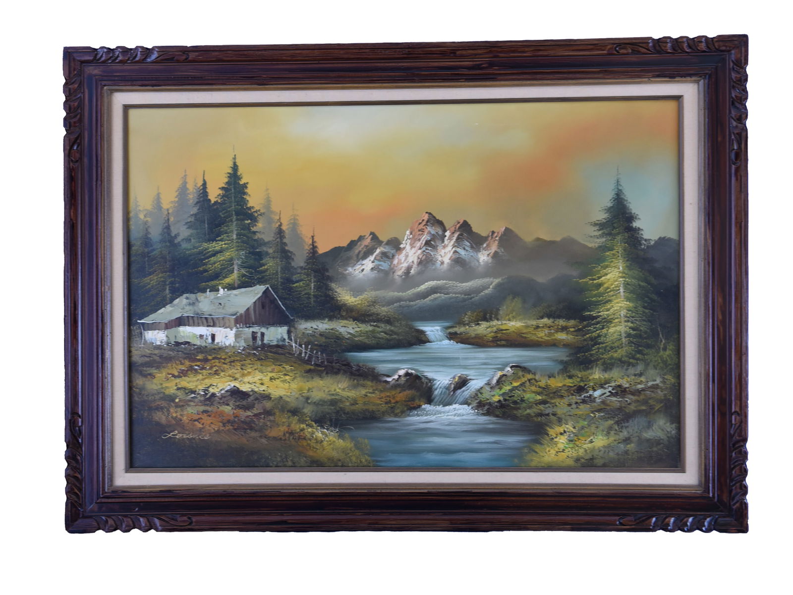 Alpine Glow, Oil On Canvas: An enchanting oil on canvas that captures the magical ambiance of an alpine setting. The painting features rugged, snow-dusted mountains under a sky painted with the soft, warm hues of dawn or dusk. A