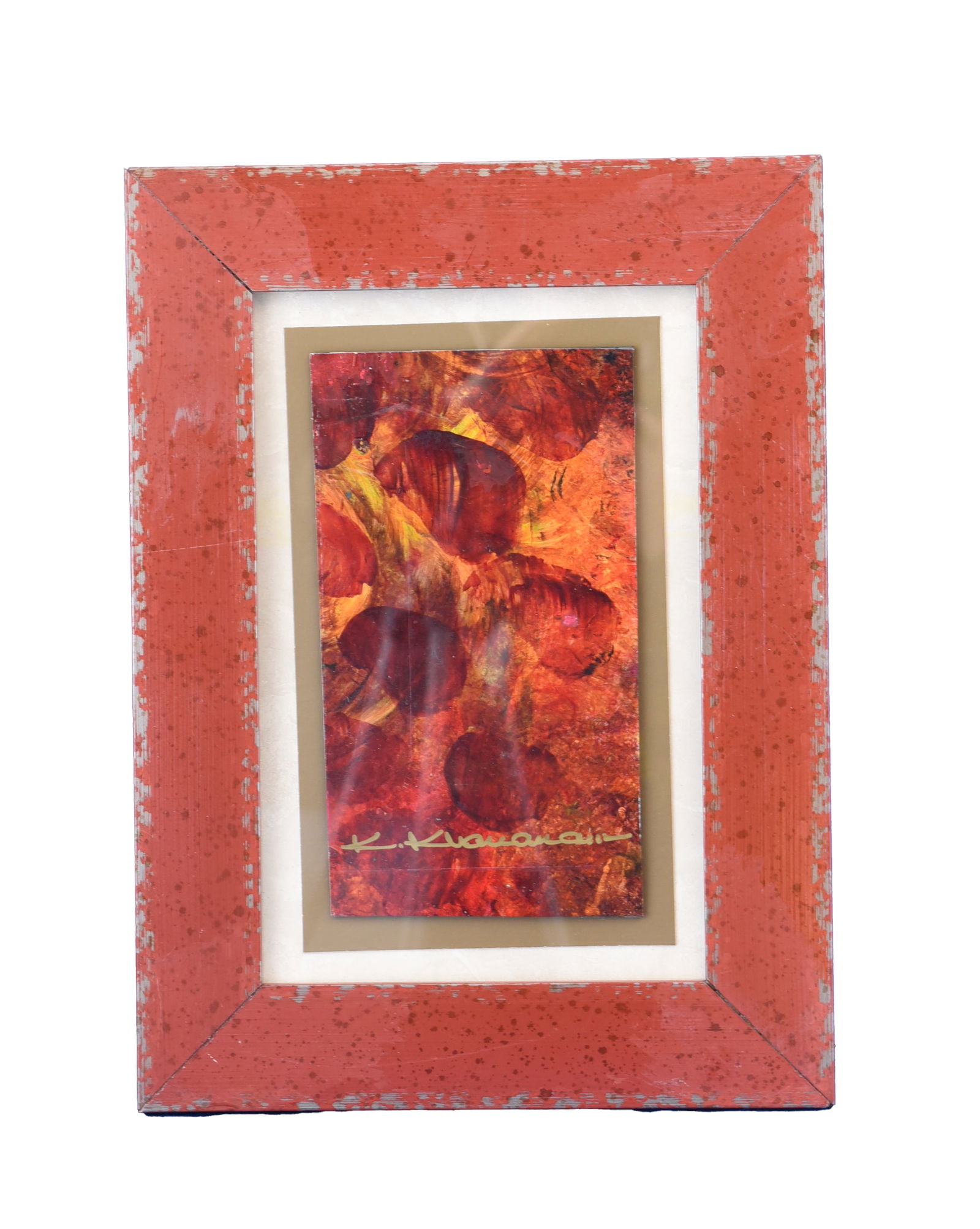 Autumnal Embrace, By Kamran Khavarani: Autumnal Embrace is a vibrant oil on paper painting by Kamran Khavarani, measuring 13" x 18". This artwork is characterized by its rich, warm palette dominated by shades of deep red, orange, and golde