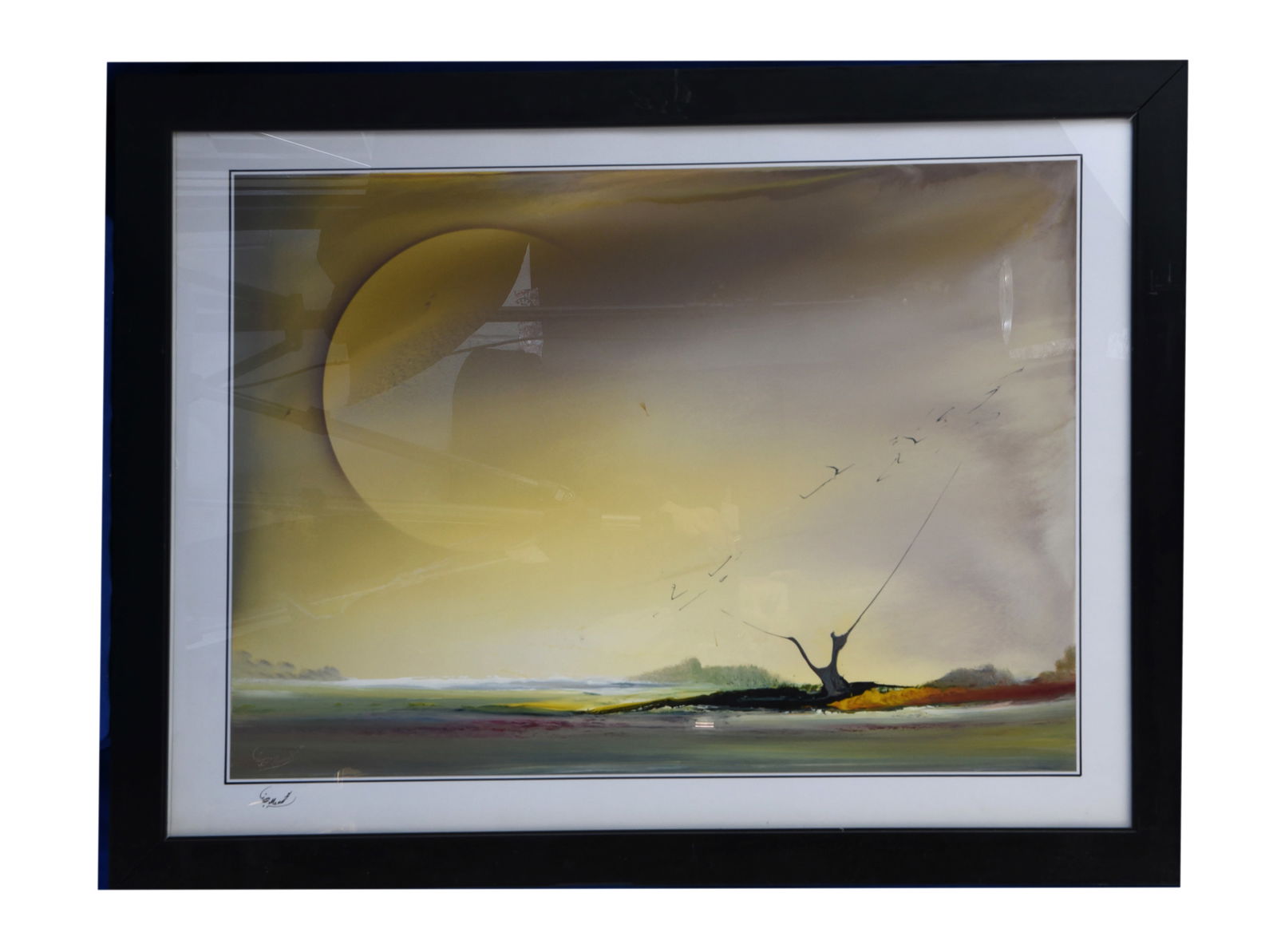 Lunar Horizon, Oil On Paper, By Memarian: Lunar Horizon is an evocative oil on paper painting by Memarian, measuring 35" x 27". This horizontal abstract landscape is dominated by a muted, earthy palette of soft yellows, greys, and browns, cre