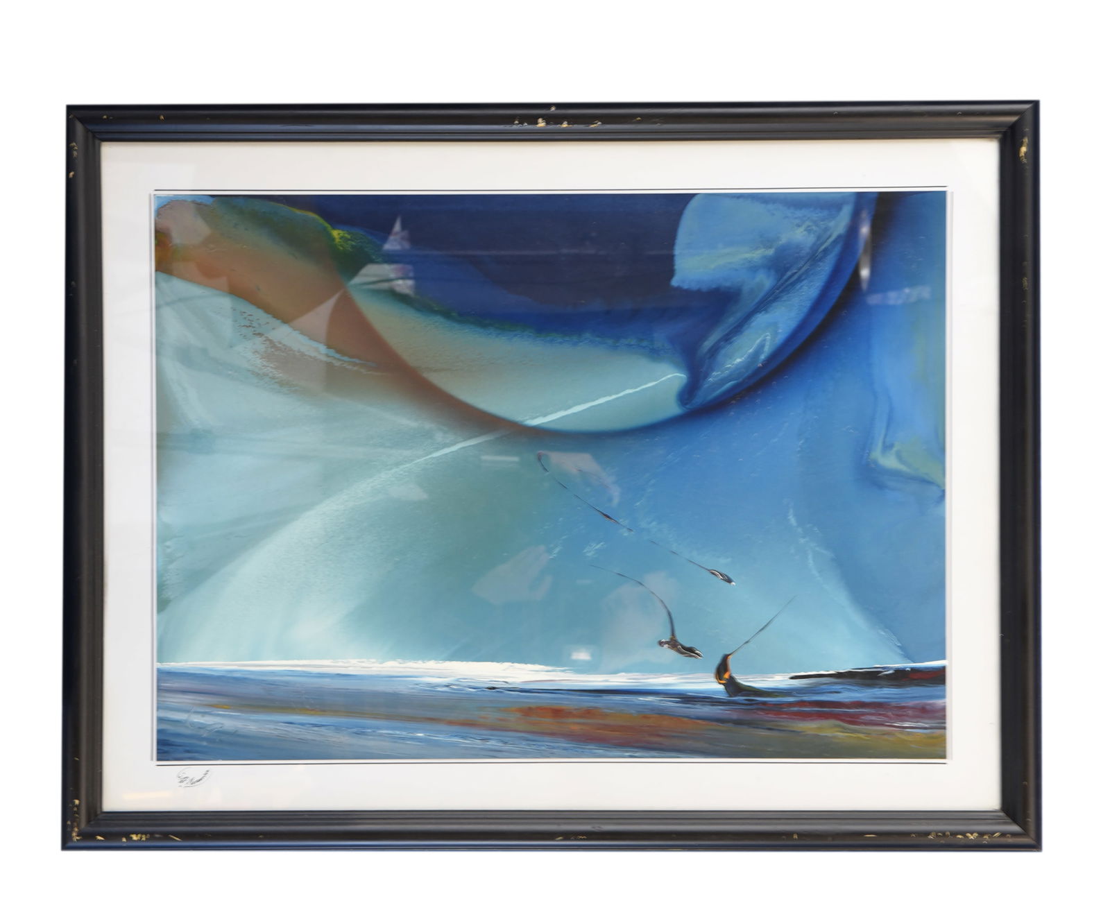 Coastal Drift, Oil On Paper, By Memarian: Coastal Drift is a captivating oil on paper painting by Memarian, measuring 34" x 25". This abstract landscape masterfully blends cool blues and aquamarines, creating a sweeping sense of open space an