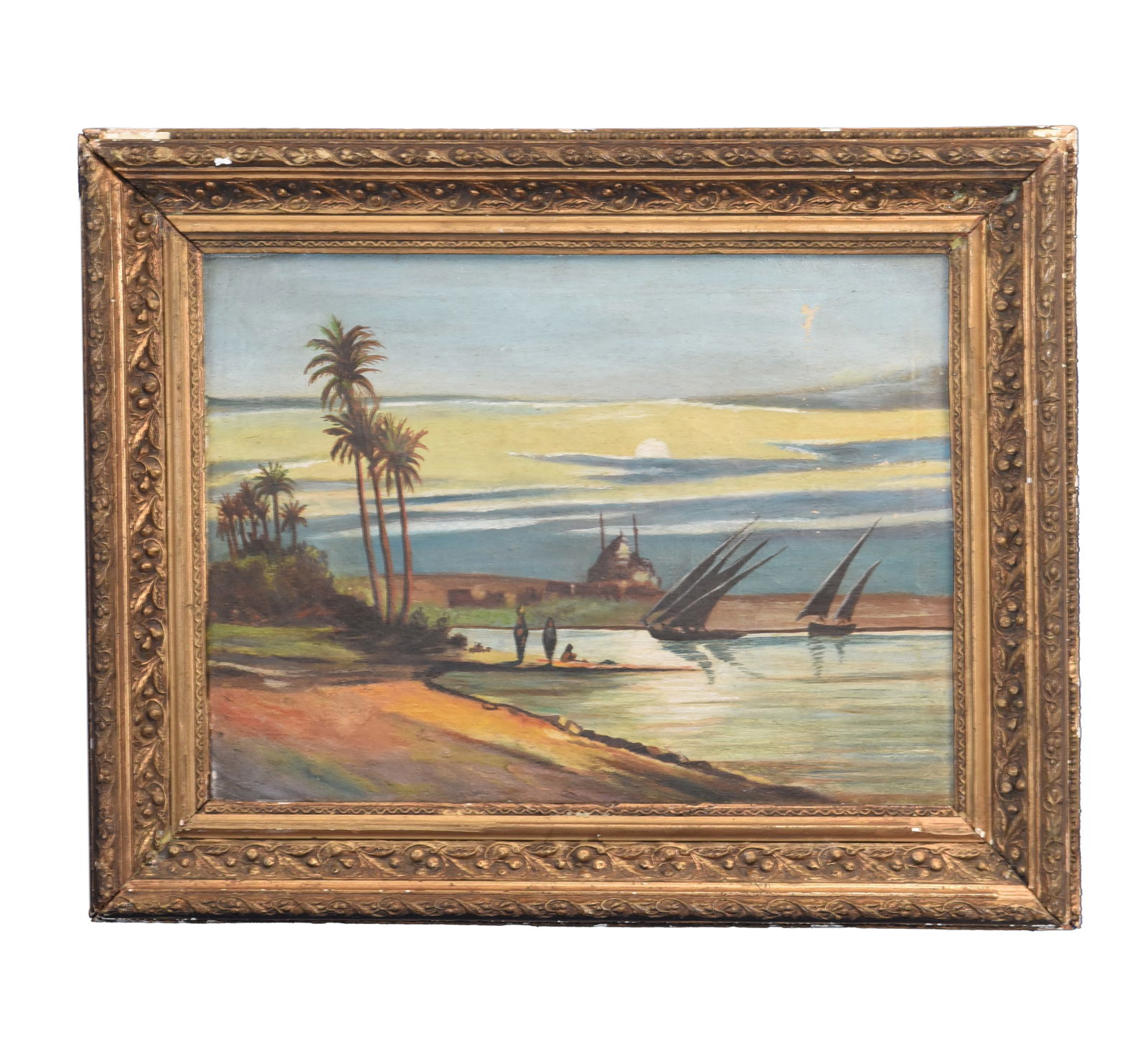 Nile River Sunset Oil On Canvas: This 20" x 16" oil on canvas depicts a serene and atmospheric scene along what appears to be the Nile River, likely at sunset or sunrise. In the foreground, a dusty path or bank runs alongside the