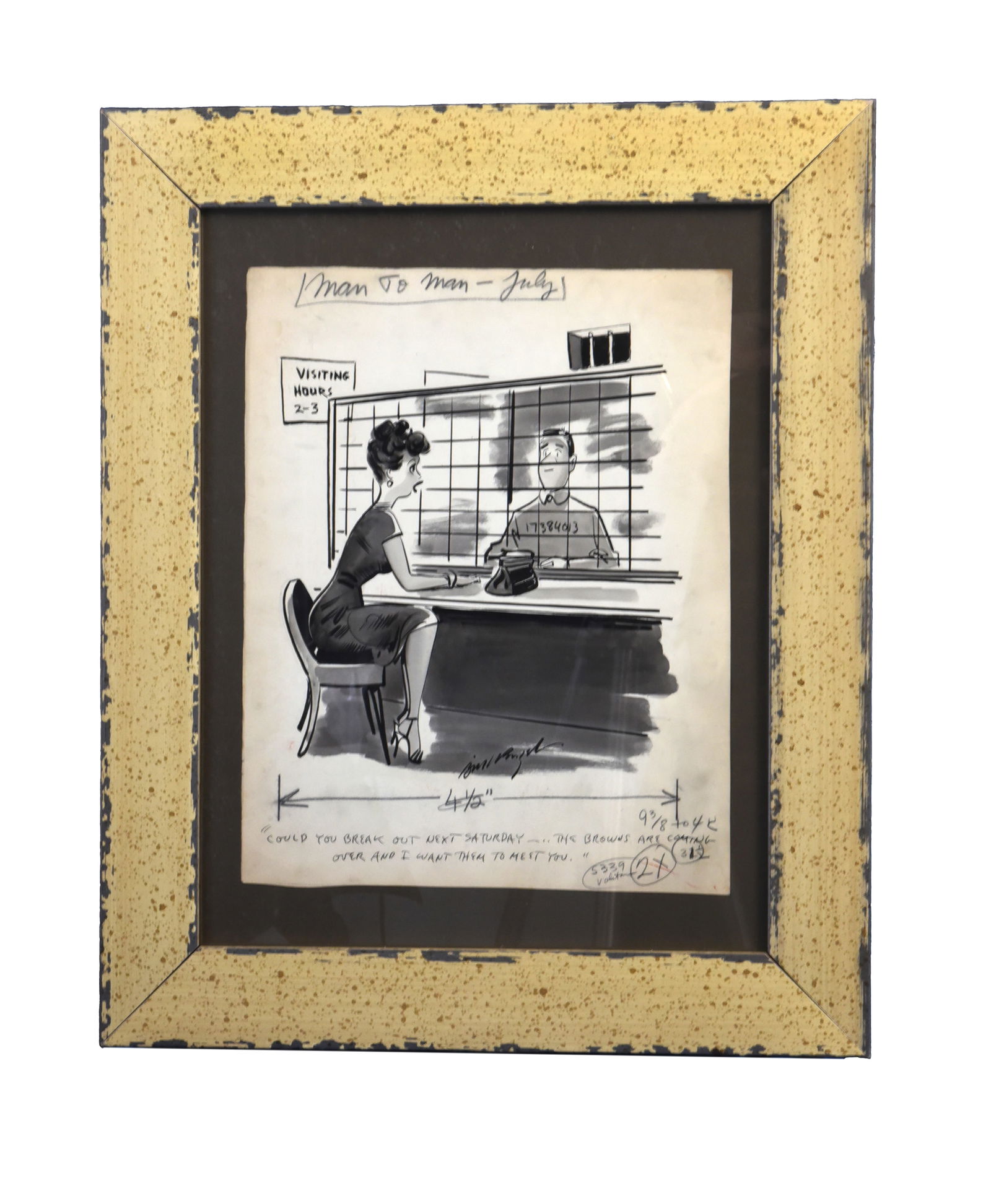 Man to Man - Jailhouse Visit Drawing: This 11" x 14" drawing is a humorous single-panel cartoon, likely intended for a publication given the "Man To Man - July" header and production notes. The scene depicts a classic jailhouse visiting r