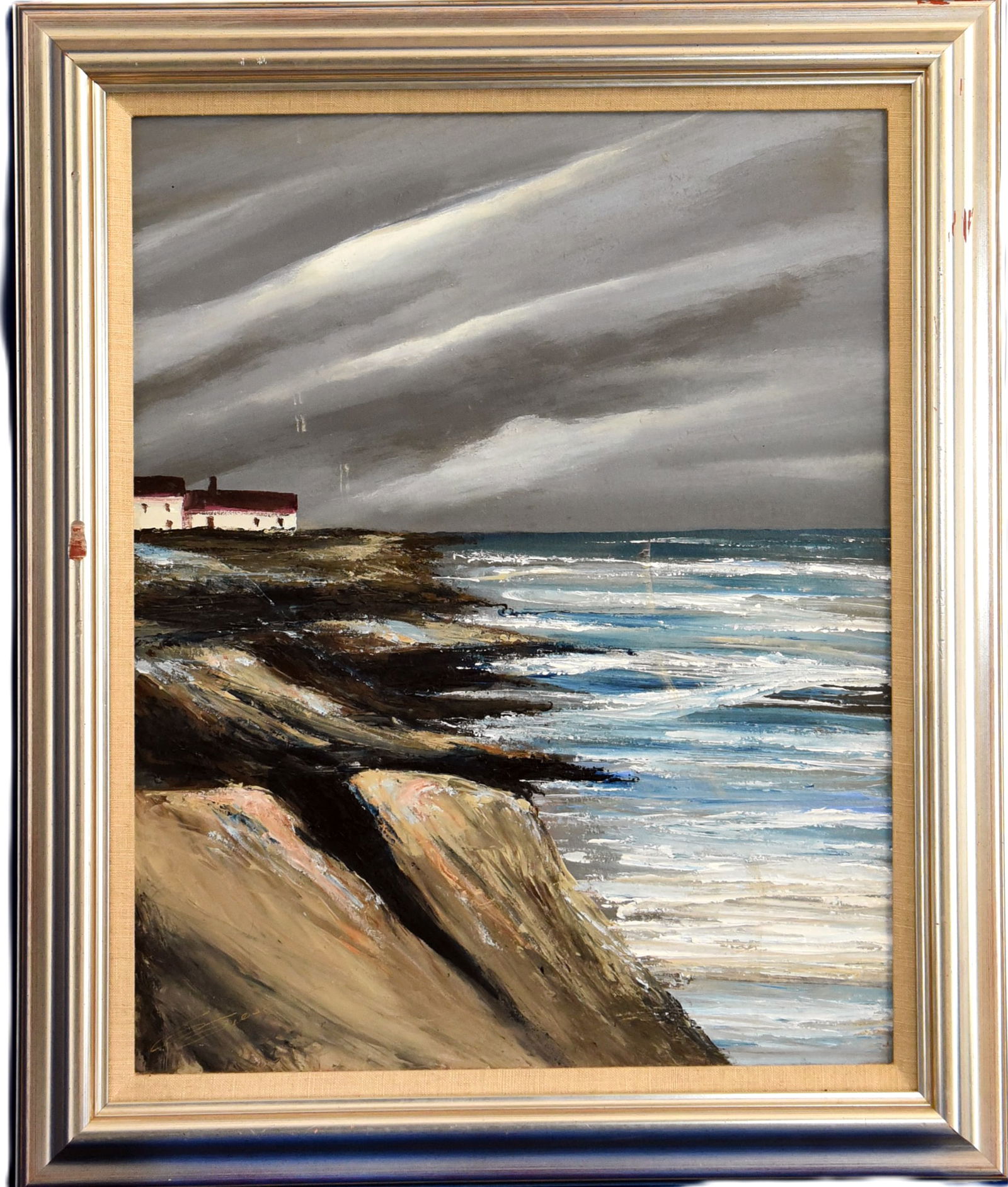 Guardians of the Coast, Oil On Board: In this expressive 20" x 24" oil on board, the artist captures a moment of intense natural power on the coast. The swirling, heavy clouds overhead suggest an impending or ongoing storm, mirrored by