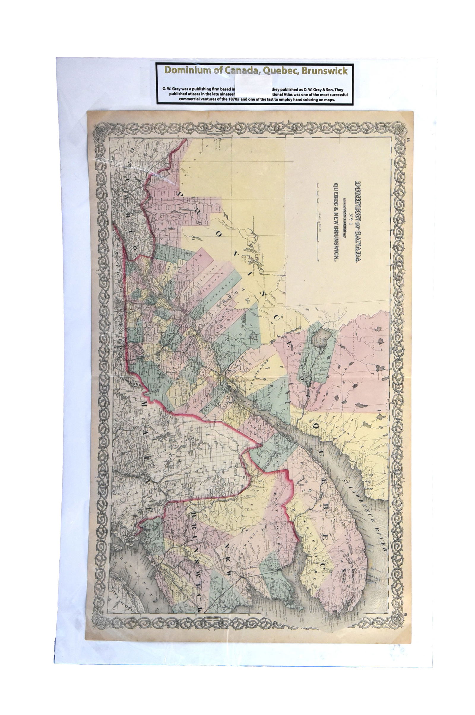 Antique 1870s G.W. Gray & Son Map: Dominion of Canada - Quebec & New Brunswick (32 x 20")" (1 of 1)