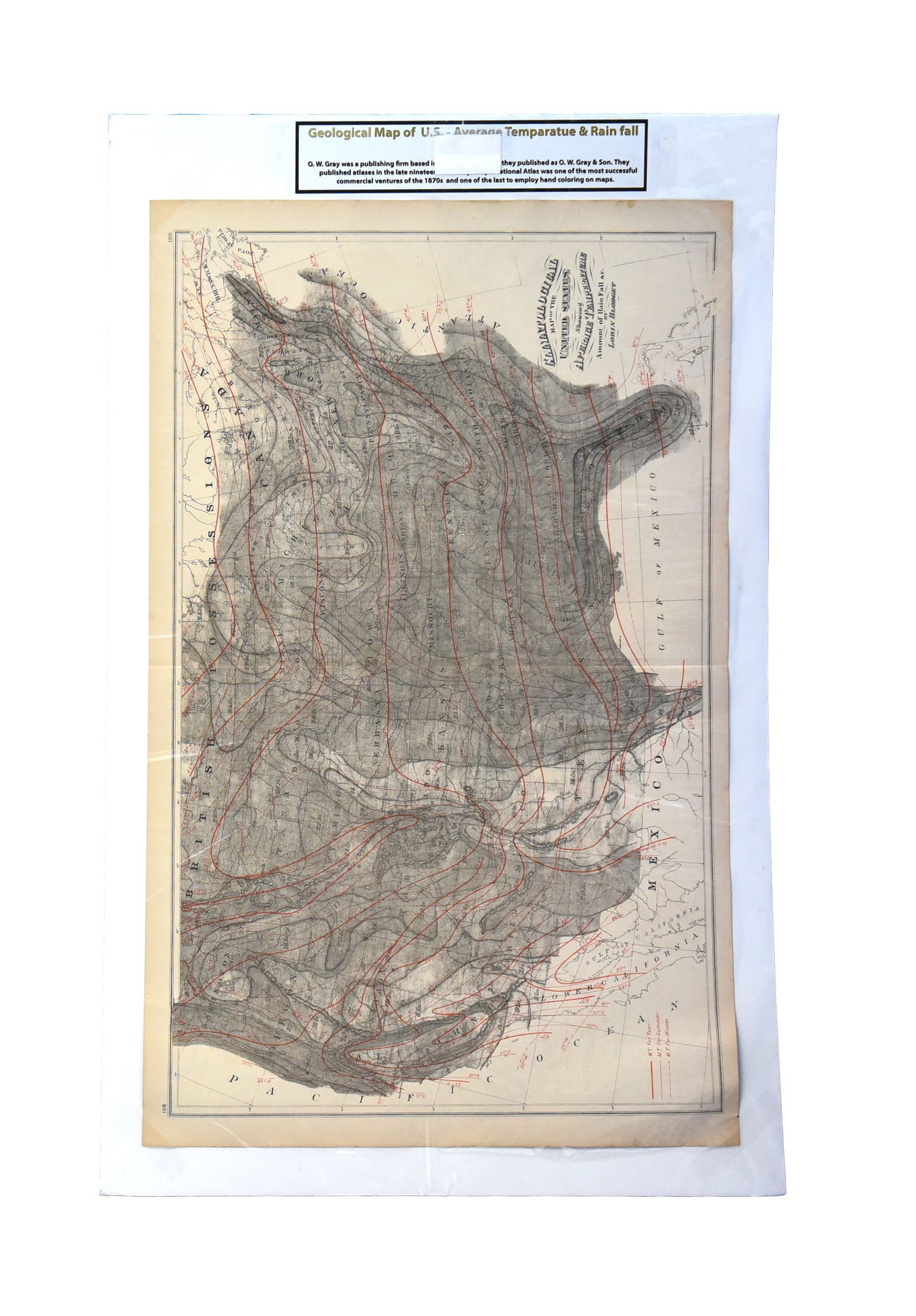Antique 1870s G.W. Gray & Son Geological Map of the U.S. - Isotherms, Temperature & Rainfall (32 x 2 (1 of 2)