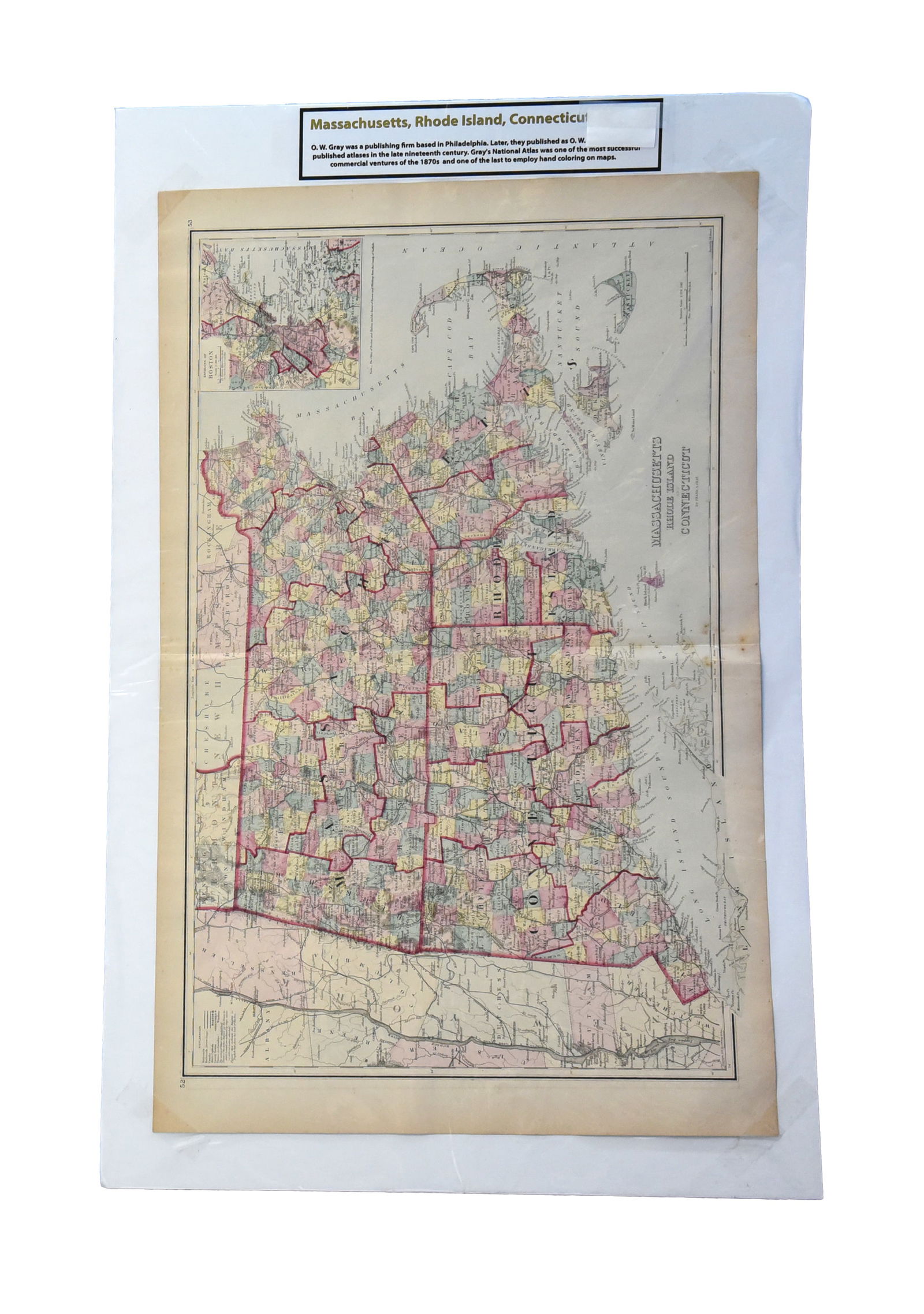 "Antique 1870s G.W. Gray & Son Map of Massachusetts, Rhode Island, & Connecticut (32" x 20")" (1 of 1)