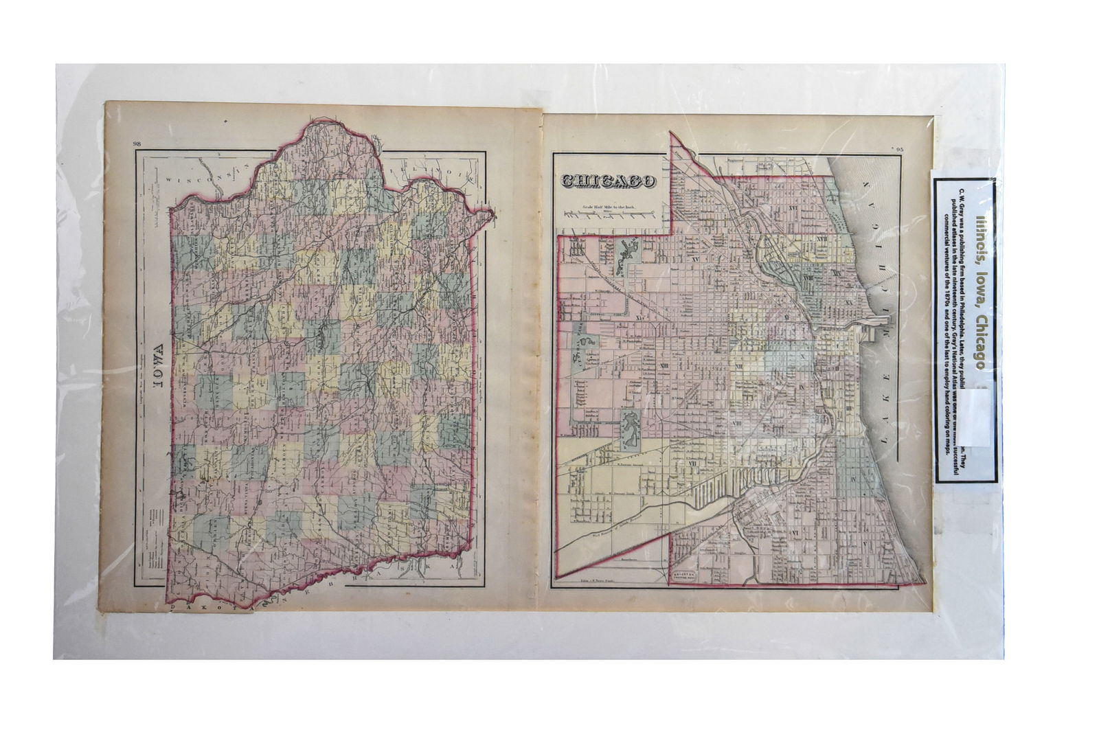 Antique 1870s G.W. Gray & Son Two-Sided Map: Chicago / Illinois & Iowa (32 x 20")" (1 of 2)