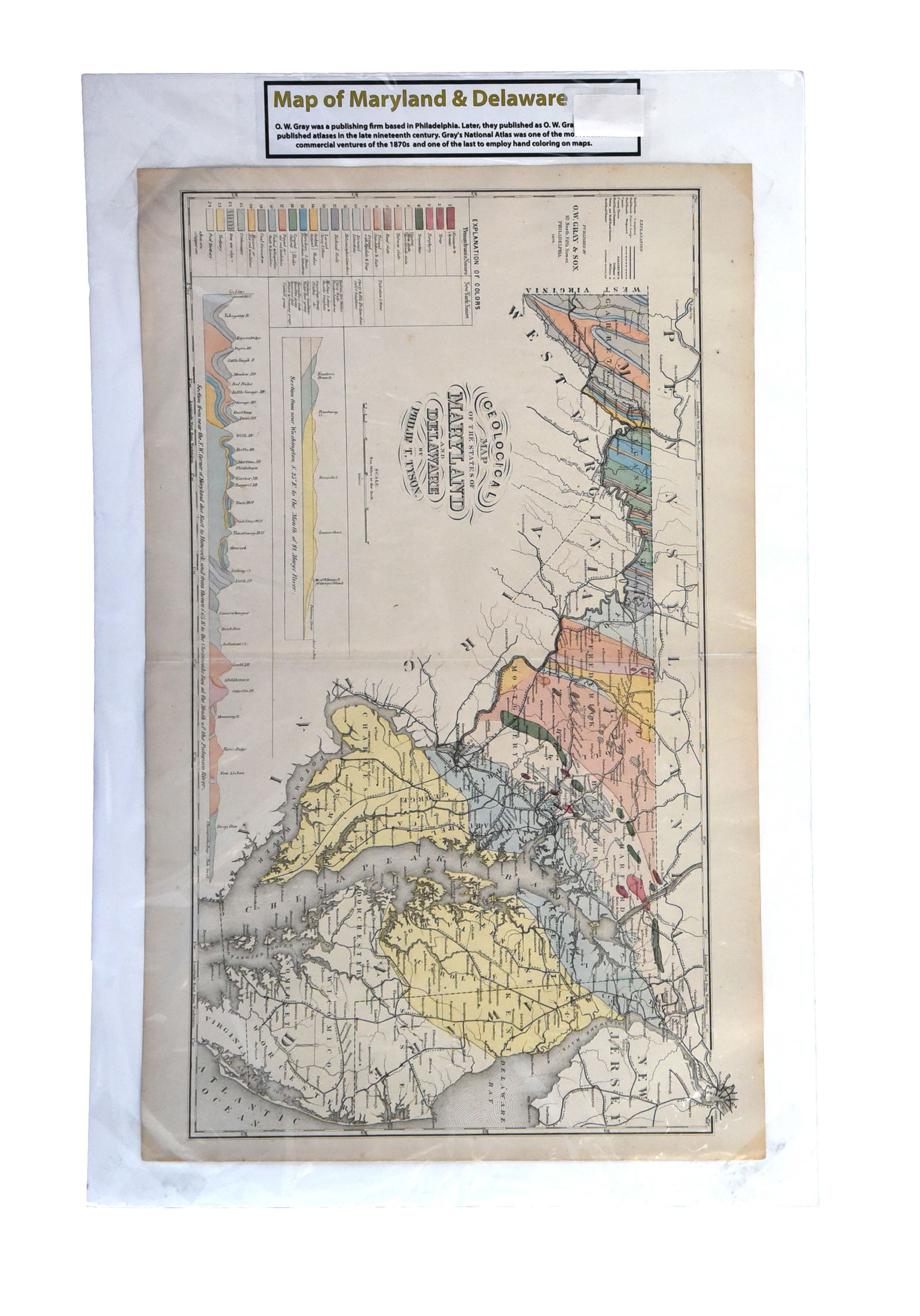 Antique 1870s G.W. Gray & Son Geological Map of Maryland & Delaware (32 x 20")" (1 of 1)