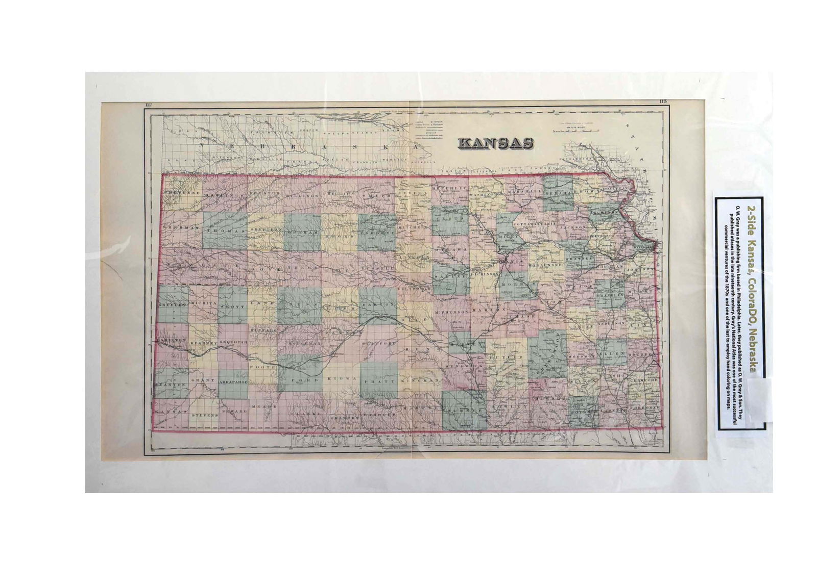 Antique 1870s G.W. Gray & Son Two-Sided Map: Kansas / Colorado & Nebraska (32 x 20"): This remarkable 32" x 20" antique two-sided map offers a dual historical perspective on the American plains and burgeoning Western territories. One side prominently features a detailed map of Kansas,