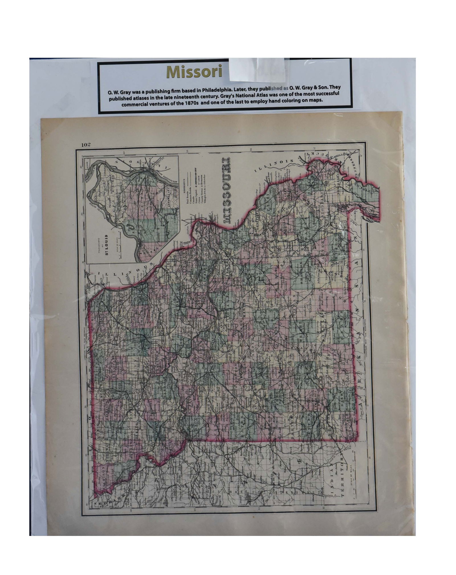 Antique O.W. Gray's 1870s Map of Missouri (16" x 19"): This appealing antique map, measuring 16" x 19", depicts the state of Missouri, originally published by O.W. Gray, a prominent Philadelphia-based publishing firm in the 1870s. O.W. Gray & Son were wel