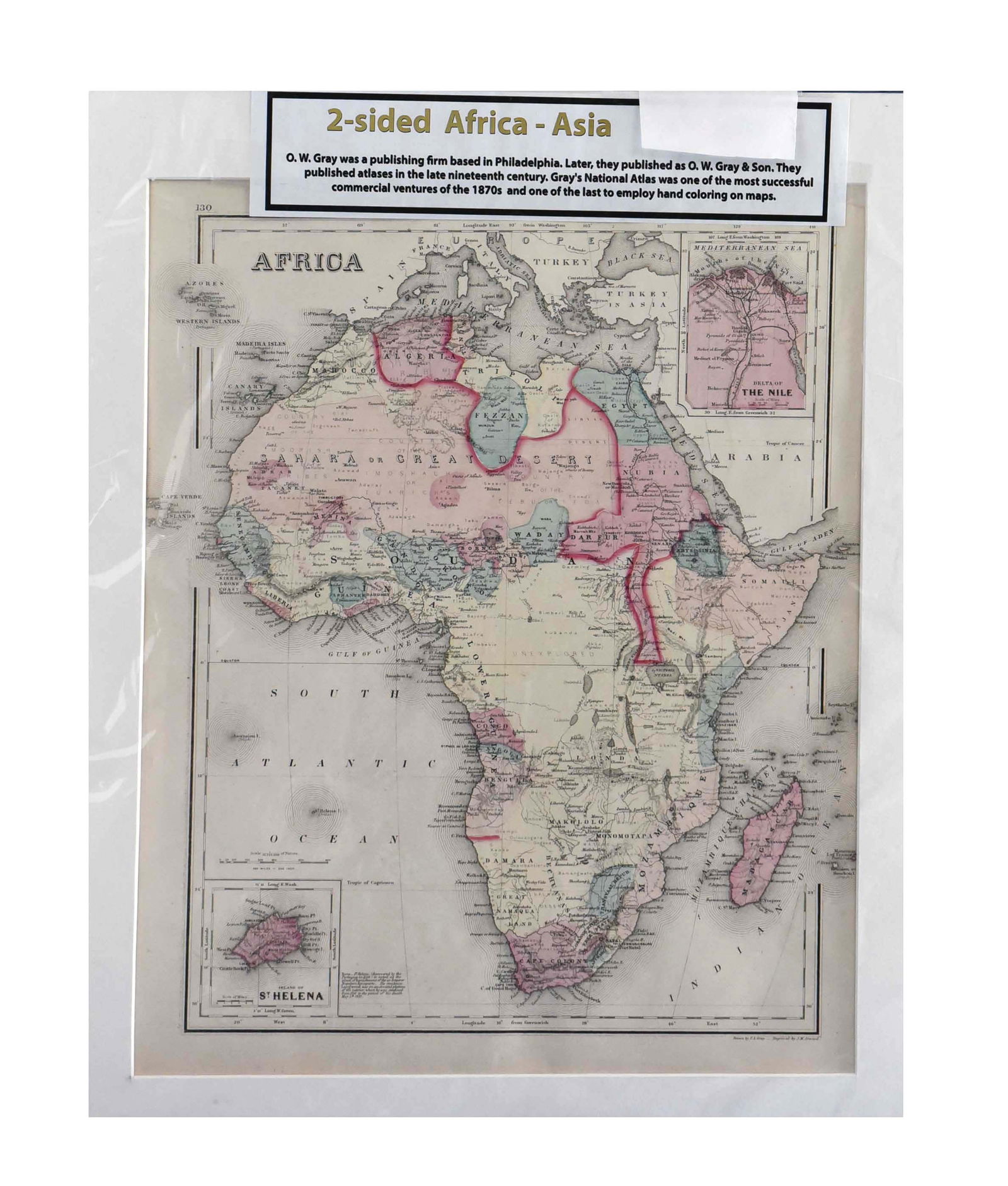 Historic Antique 2-Sided Map: Africa & Asia by O.W. Gray & Son (c. 1870s) - 16" x 20": Uncover a fascinating piece of world history with this antique two-sided map, prominently featuring the continents of Africa and Asia. Measuring a substantial 16 inches by 20 inches, this map provides