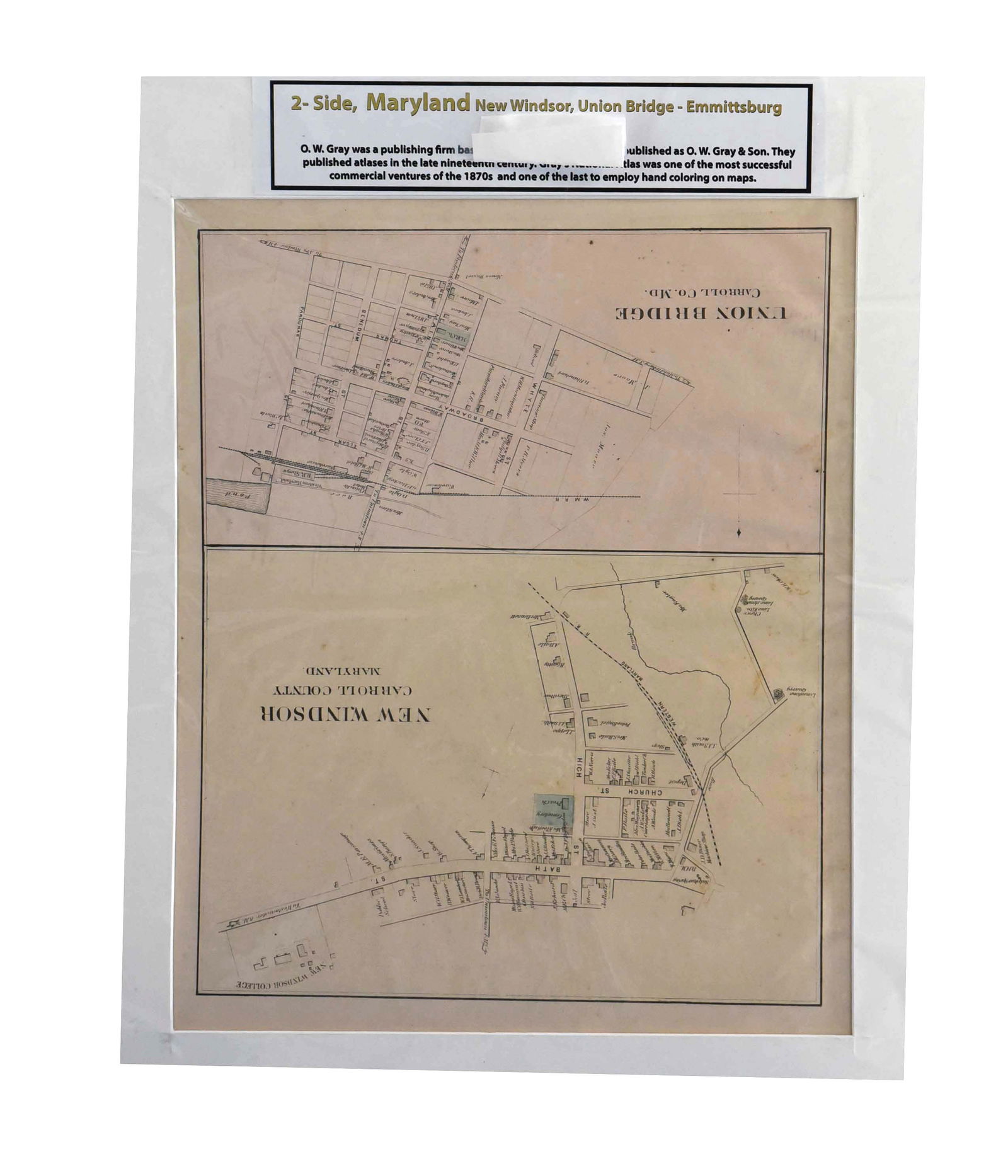 Antique 2-Sided Map: Maryland - New Windsor, Union Bridge, Emmitsburg (c. 1870s) - 16" x 20": Unearth local history with this fascinating antique two-sided map of Maryland, featuring detailed plans of New Windsor, Union Bridge, and Emmitsburg. Measuring 16 inches by 20 inches, this map offers