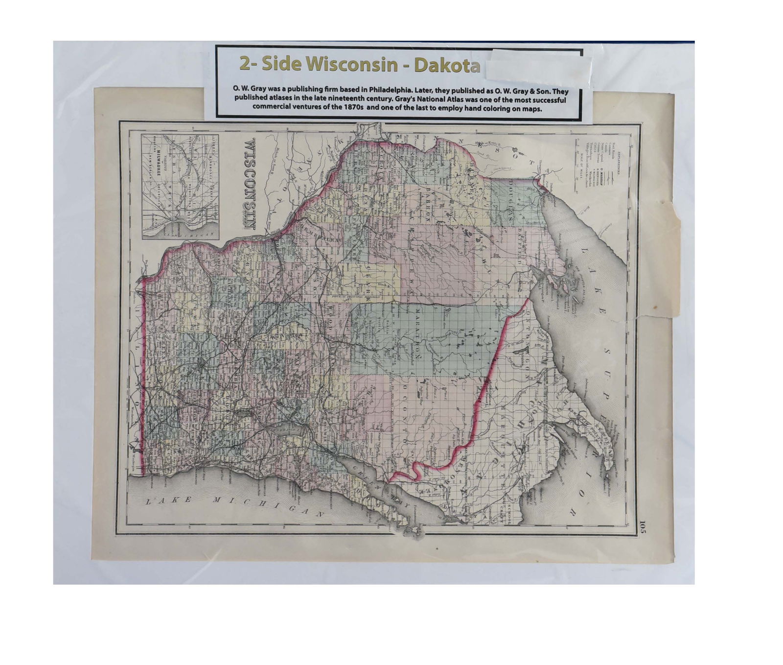 Antique 19th Century O.W. Gray & Son "Wisconsin - Dakota" Map (Two-Sided, 16"x20"): This fascinating antique map showcases the states of Wisconsin and Dakota as they were depicted in the 19th century by the esteemed publishing firm O.W. Gray & Son. Measuring 16"x20", this two-sided m