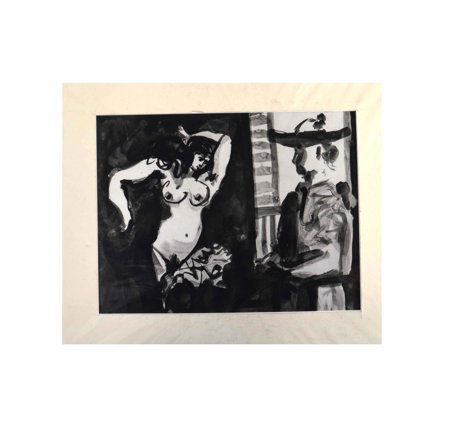 Painter and Model - Black and White Lithograph after Pablo Picasso (13" x 15"): This striking black and white lithograph, measuring 13" x 15", is a powerful depiction of the classic "painter and model" theme, strongly reminiscent of the iconic works by Pablo Picasso. The composit