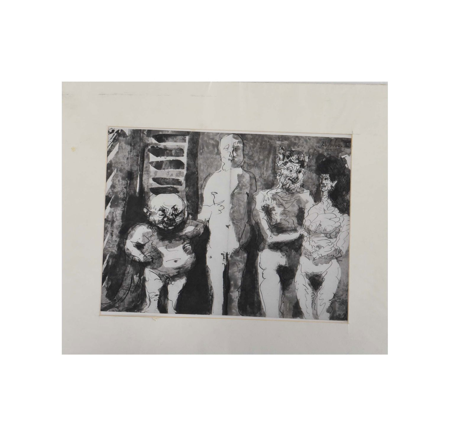 Four Figures, Lithoprint By Pablo Picasso: This is a black and white lithograph by Pablo Picasso, signed and dated "Picasso 1960." The work, with dimensions of 15" x 13", depicts four figures standing side-by-side. The leftmost figure is a lar