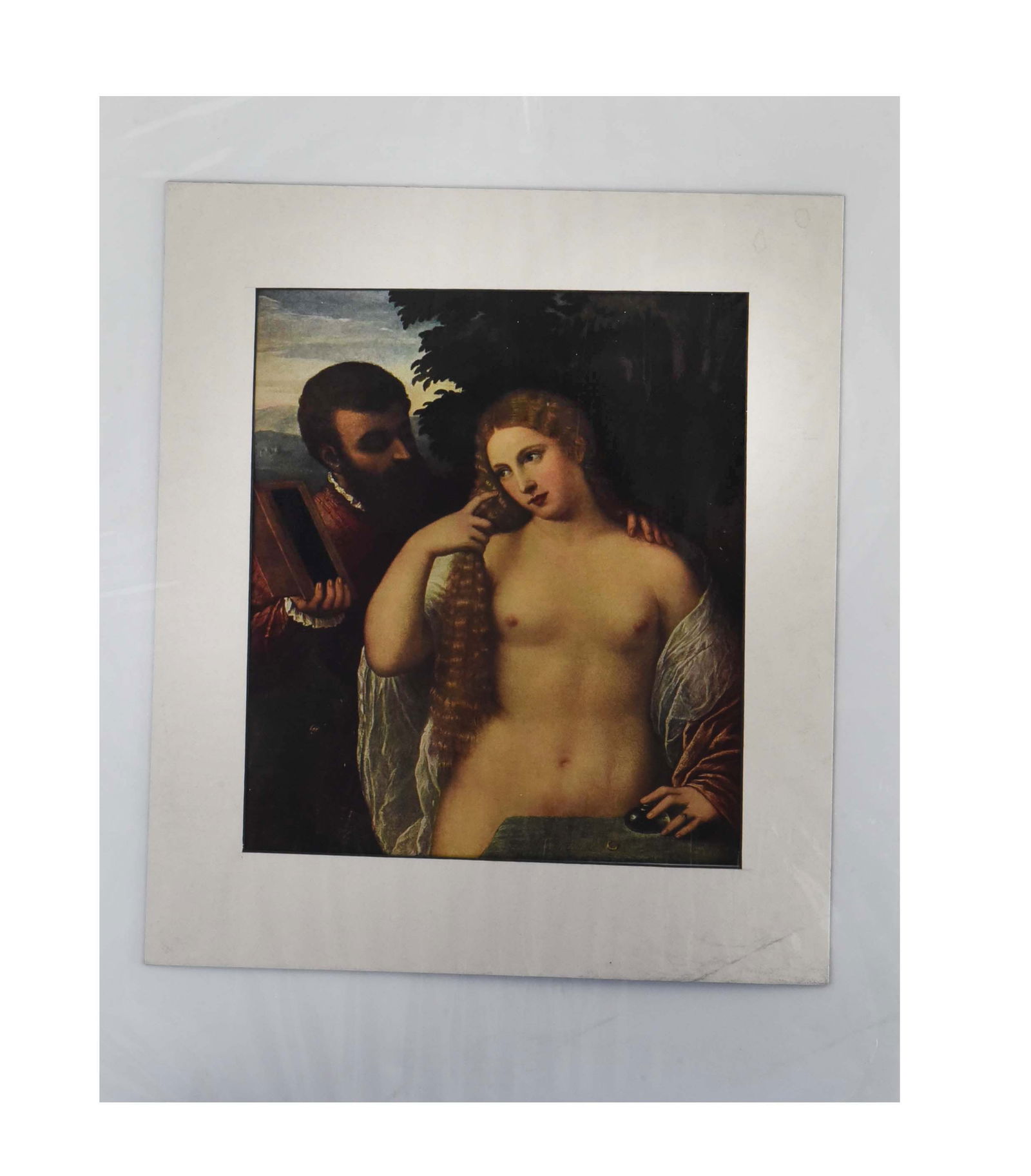 Venus and a Lute Player (After Titian) Lithoprint: This is a color lithoprint, measuring 12" x 14", depicting a classical scene of a reclining nude woman and a man. The print is a reproduction of a famous painting, "Venus and a Lute Player," attribute