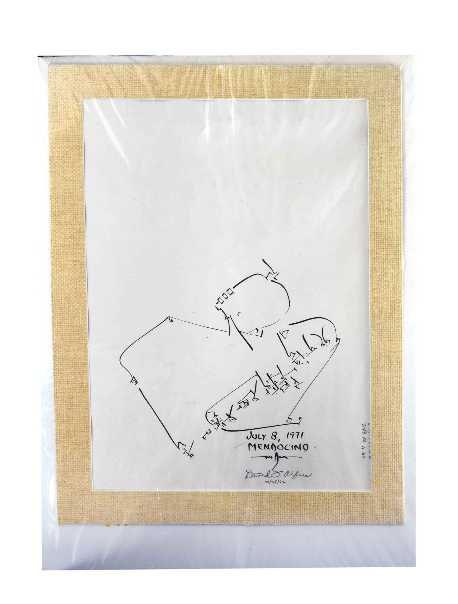 David Sheskin Abstract Drawing, Mendocino: This is an original drawing by artist David , featuring a minimalist, abstract composition in black ink on paper. The artwork consists of a series of connected lines and shapes that form a fragmented,