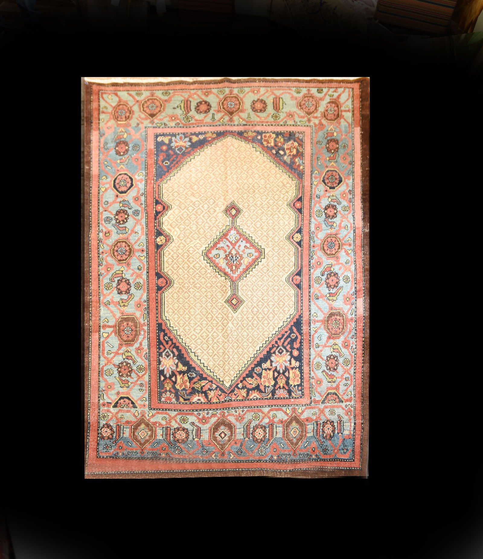 Elegant Antique Persian Sarab Rug - 4'11" x 6'2" - Unique Medallion and Pastel Palette: Adorn your home with the understated elegance of this beautiful antique Persian Sarab rug, sized at a versatile 4 feet 11 inches by 6 feet 2 inches. Hand-knotted with traditional techniques, this piec