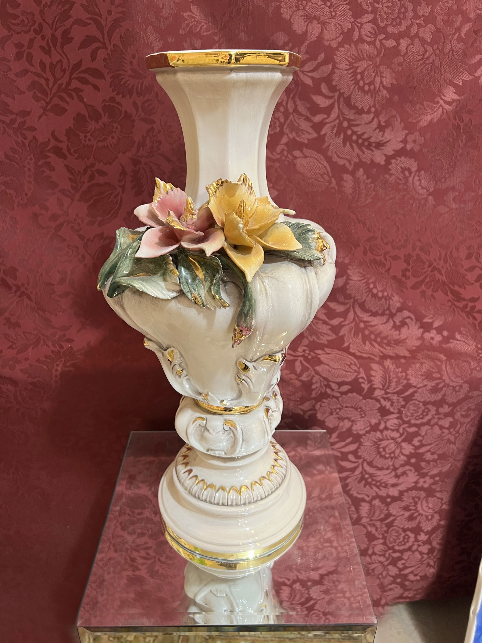 Vintage Italian Capodimonte Style Hand-Painted Floral Vase | 20" Large Decorative Pedestal Urn (1 of 2)