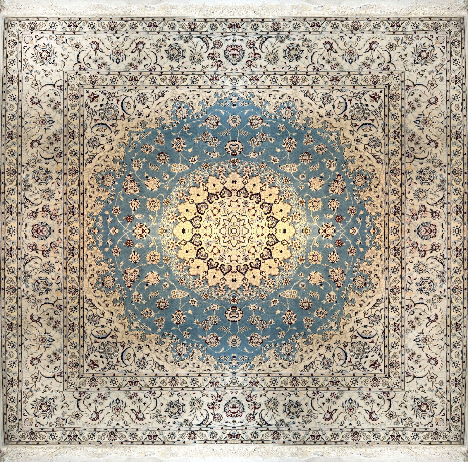 Vintage Persian Nain (Naeen) Square Rug | Central Medallion Floral Design | 8'2" x 8'2": This elegant vintage Persian Nain rug features a perfectly symmetrical square format, a rare and desirable shape for dining rooms or formal seating areas. Woven in the city of Nain, known for