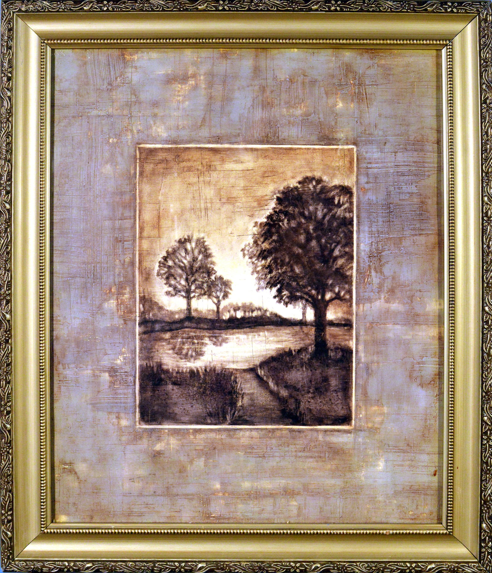 Serene Landscape - Framed Art Print: This tranquil art print evokes a sense of peace and serenity with its depiction of a quiet landscape. The muted color palette of browns and blues creates a calming atmosphere, while the silhouette of