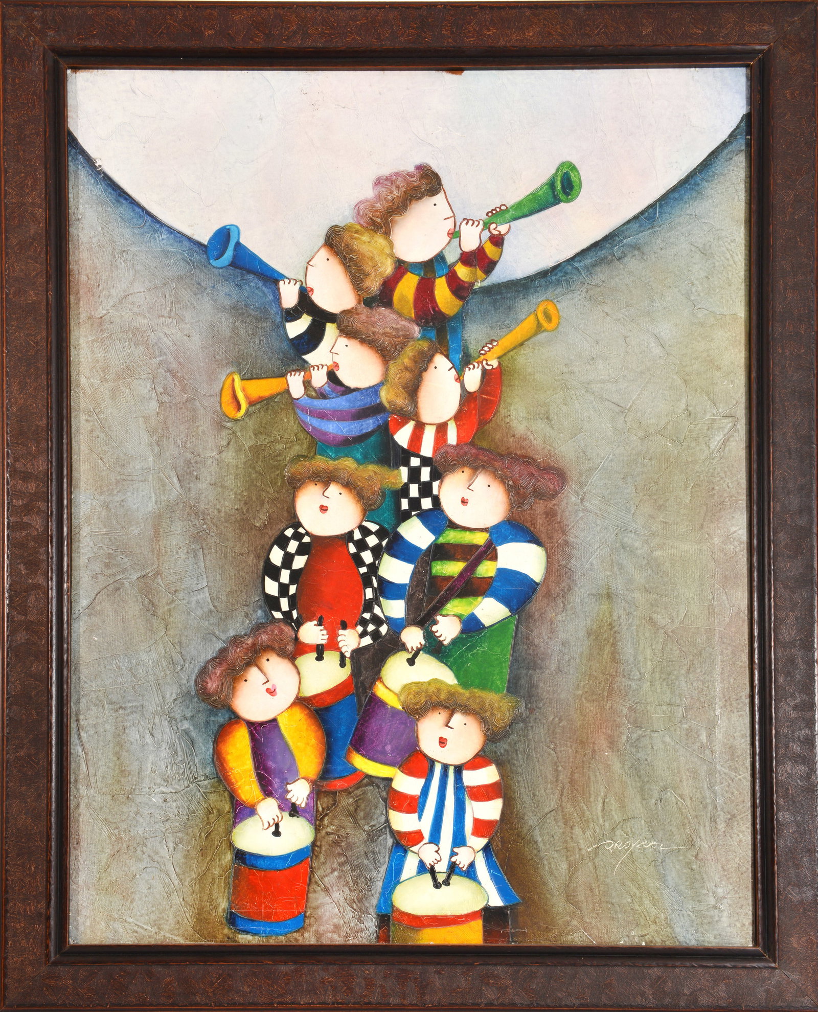 Symphony of Joy By J. Roybal: This vibrant oil on canvas painting by J. Roybal captures the exuberance of childhood through a whimsical portrayal of young musicians. A tower of children, each with a trumpet or drum, creates a dyna