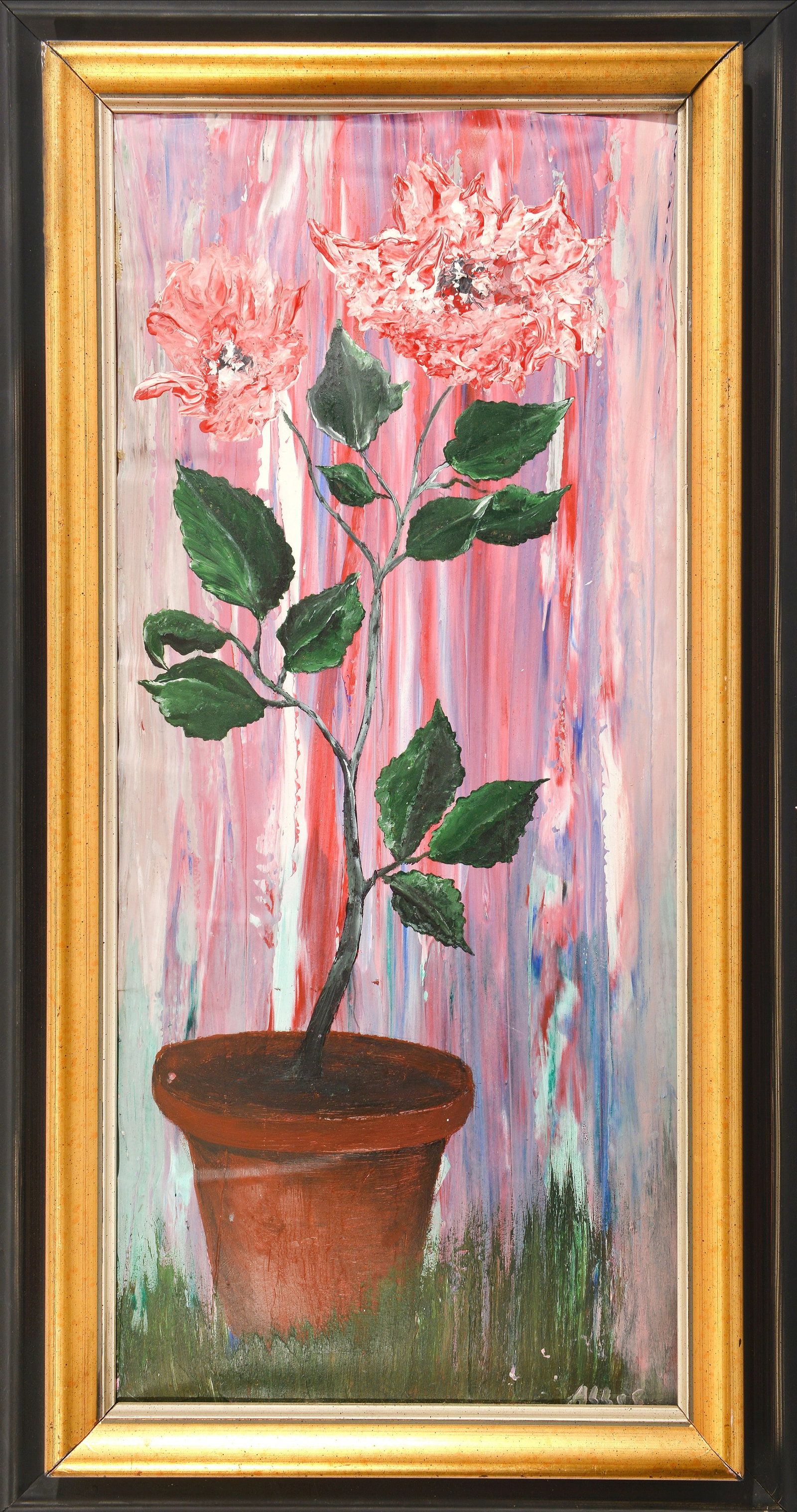 Blooming Serenity ,Oil On Board, By Artist Abbas Shirmohammadi: This expressive oil on board painting by Abbas Shirmohammadi, titled "Blooming Serenity," presents a captivating depiction of a potted rose. The artist employs a vibrant palette of pinks, reds, and gr