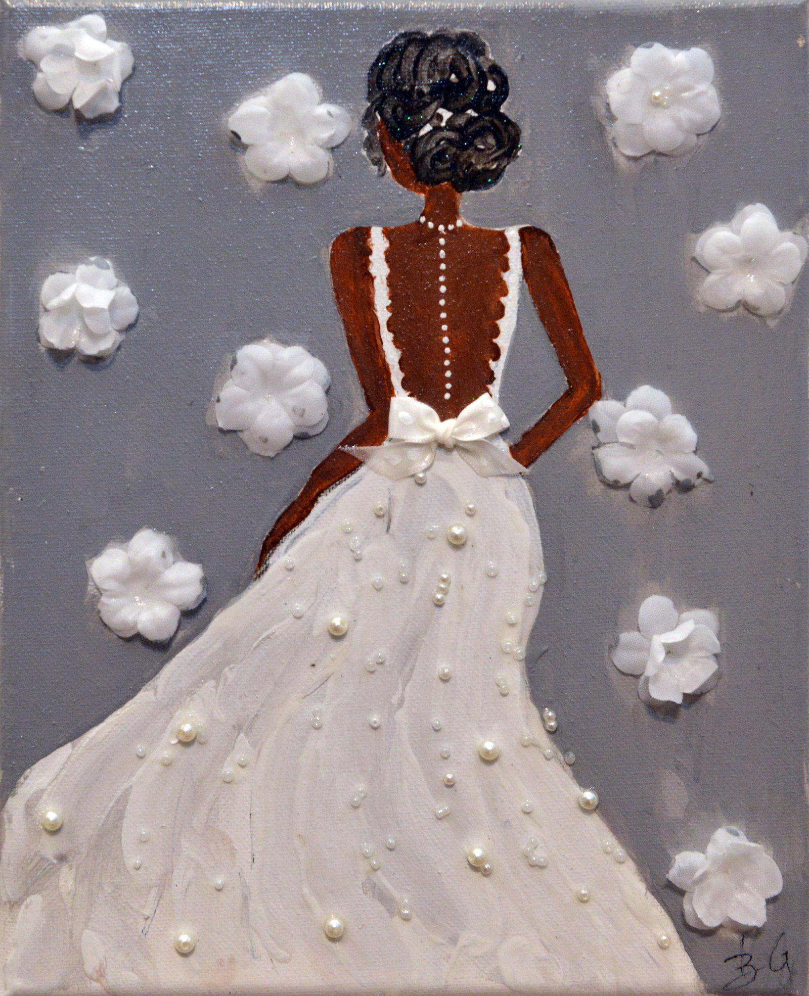 Bridal Dreams: This enchanting mixed media piece by Rebeka Gatechew captures the essence of bridal beauty and elegance. The artwork features a graceful bride with her back turned, adorned in a flowing white gown emb