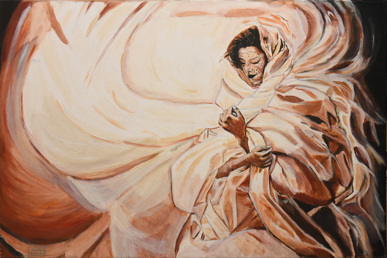 Shrouded in Light, by Artist Esmail Khalalfa: This expressive acrylic painting by Esmail Khalalfa evokes a sense of mystery and transformation. A female figure, partially obscured by swirling drapery, emerges from a luminous background, her face