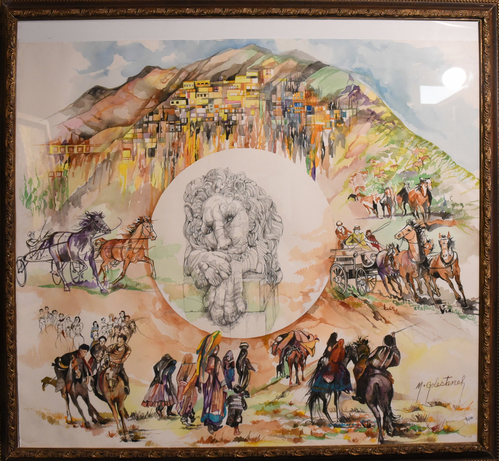 Untitled Watercolor by Mahmehr Golestaneh: This captivating watercolor by Mahmehr Golestaneh is a testament to the artist's mastery of the medium. Measuring a substantial 49" x 45", the artwork features bustling village scene nestled in a moun