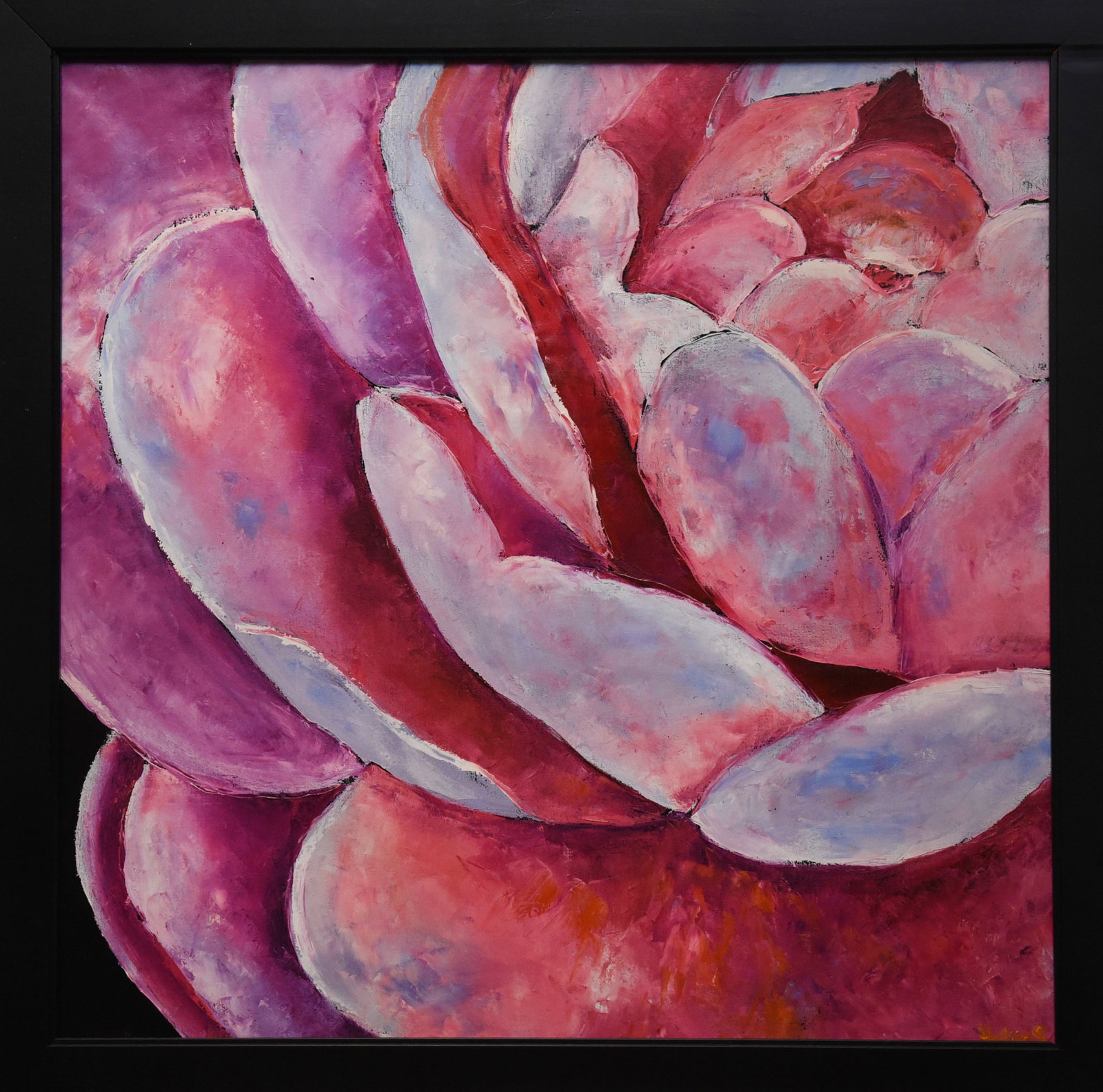 Desert Rose By Yulias: Oil on board, 26" x 26", by Yulias. This close-up view of a succulent plant focuses on the intricate patterns and subtle color variations of its leaves. The artist's use of soft, blended brushstrokes