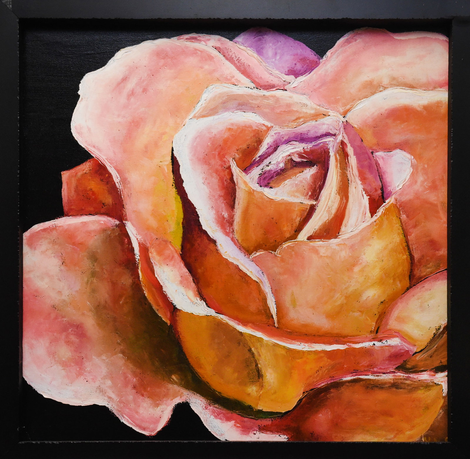 Rose in Bloom By Yulias: Oil on board, 26" x 26", by Yulias. This close-up portrait of a rose captures the intricate layers of its petals, rendered in warm tones of orange, pink, and yellow against a dark background. The