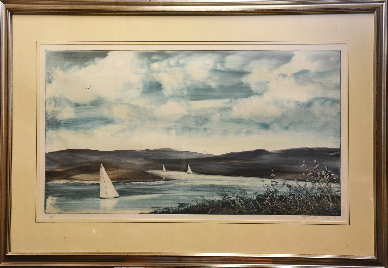 Harbor Light, 1993: Own a piece of maritime history with 'Solitude's Sail,' an original lithograph, numbered 1/1, signed and dated '93. This unique work captures the quiet beauty of a harbor scene with delicate