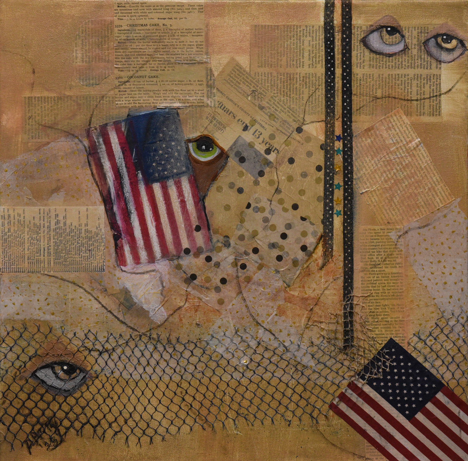 American Fragment: Explore the layers of meaning in 'American Fragment,' a compelling mixed media artwork by Patsy. This 20" x 20" piece features a textured composition incorporating elements of the American flag,