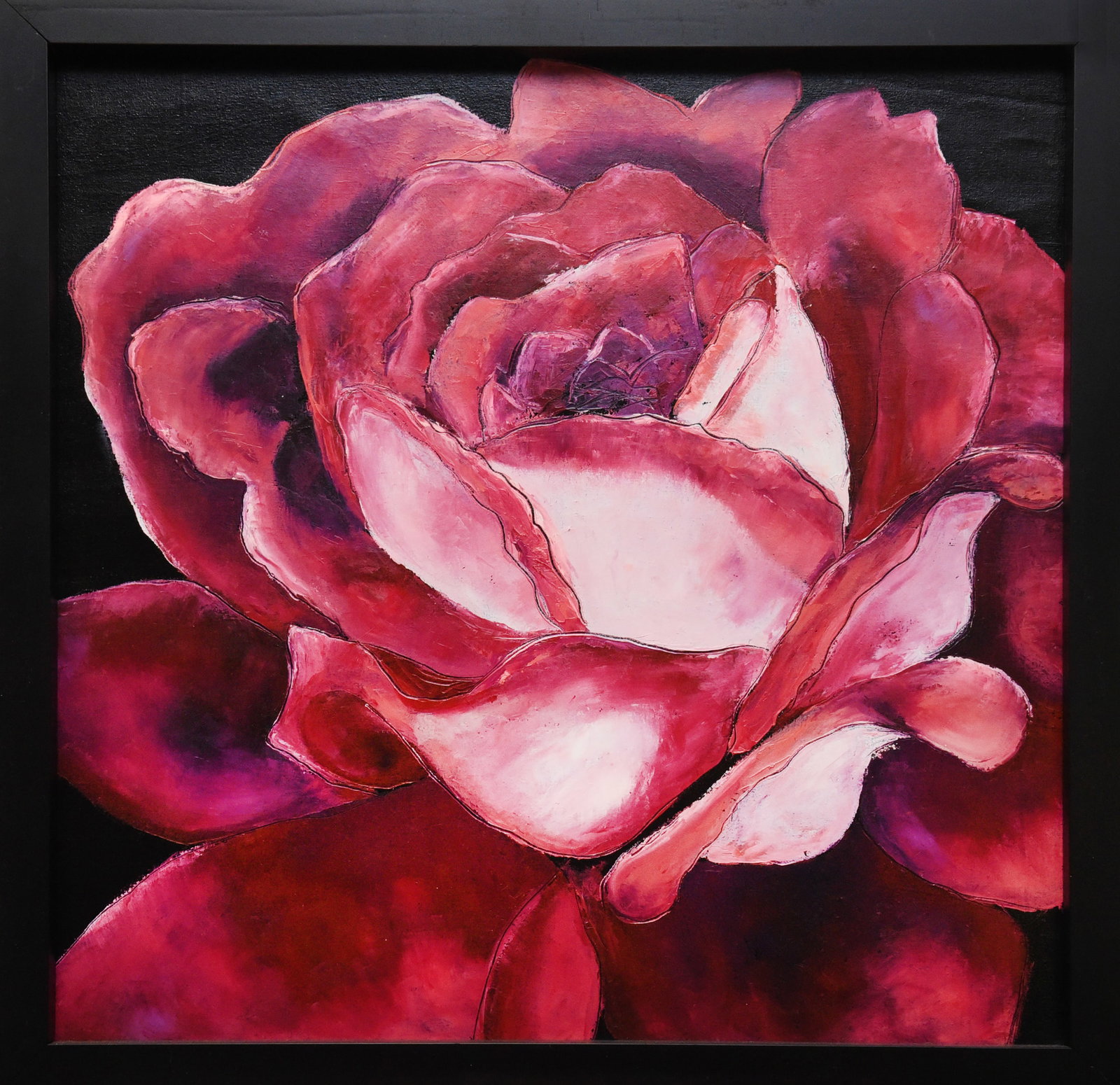 Red Rose Majesty: Acrylic Painting by Yulia S: This exquisite acrylic on board, sized 26"x26", showcases the artistry of Yulia S. in a stunning portrayal of a red rose. The artist masterfully captures the delicate unfolding of the petals, using a