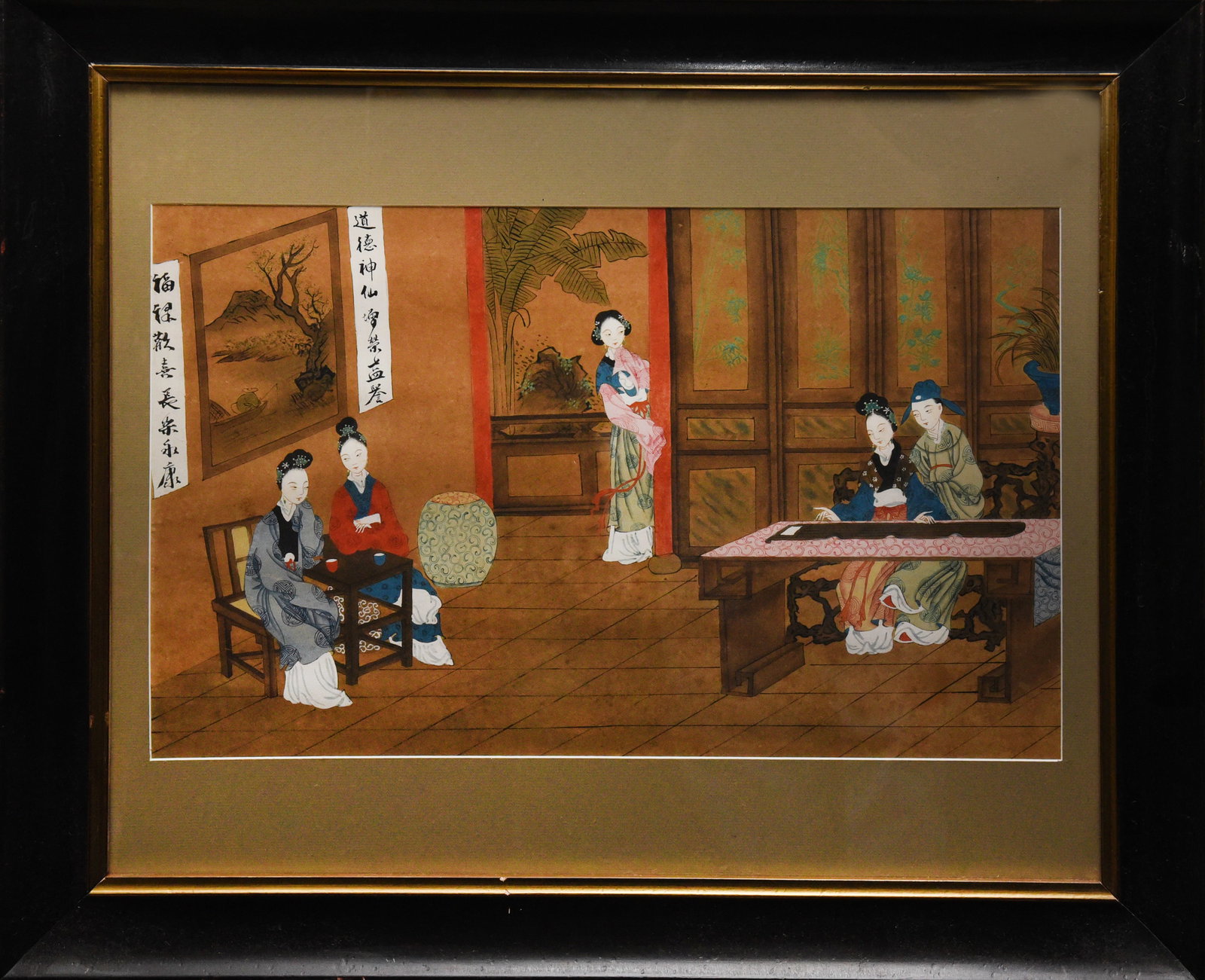 Gathering in the Garden: Vintage art print depicting a tranquil scene within a Chinese-inspired garden or interior. Features several figures engaged in conversation or leisurely activities. Dimensions: 27" x 41" framed.