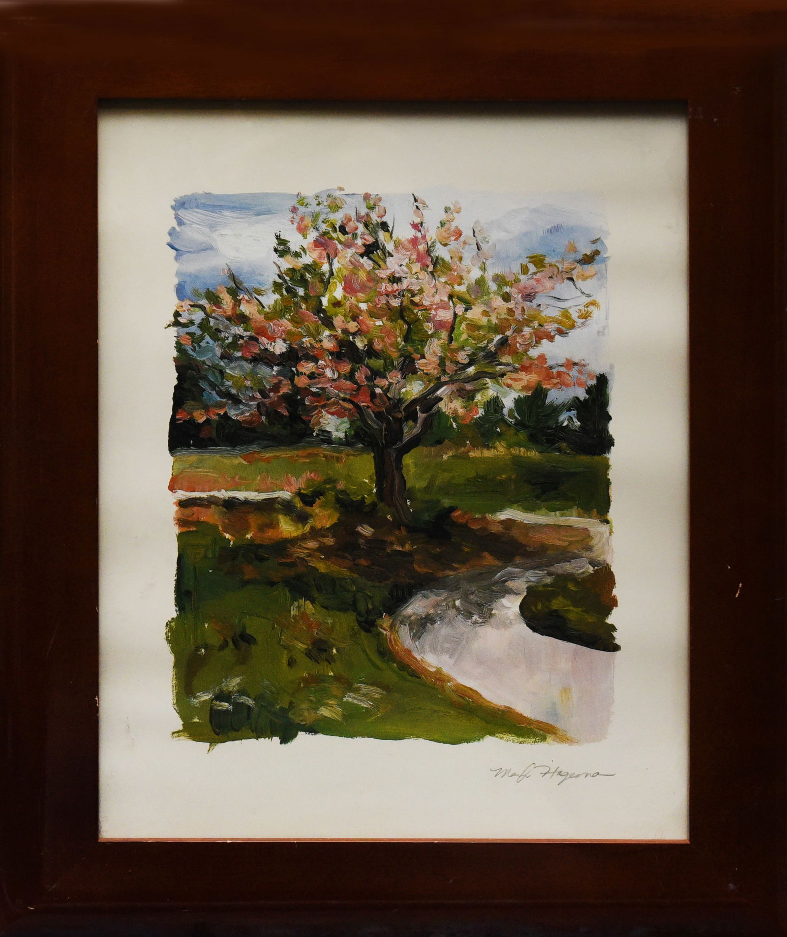 Hageman Watercolor: Blossoming Tree: Watercolor painting by Marilyn Hageman, depicting a flowering tree in full bloom, signaling the arrival of spring. Signed "Marilyn Hageman" (lower right). Dimensions: 14" x 17" framed.
