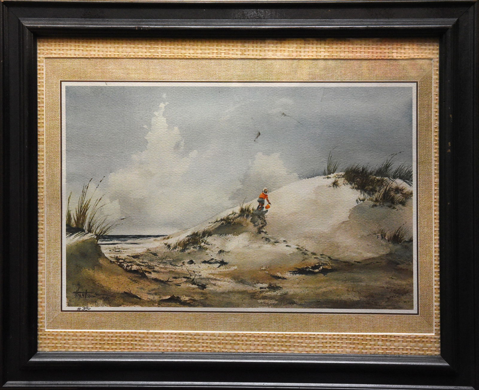 Solitary Stroll: Evocative lithograph portraying a solitary figure on a sand dune, their orange attire providing a focal point in the otherwise muted palette. The artist masterfully captures the texture of the sand
