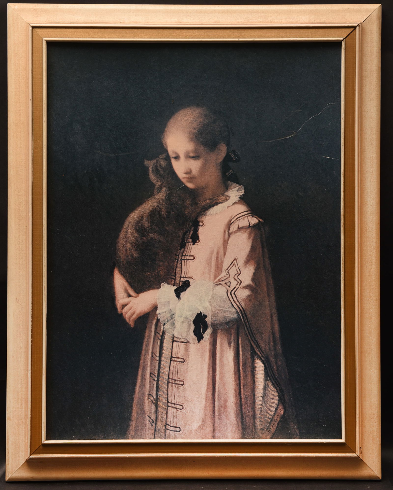 Girl with a Cat (after William Morris Hunt): "This is a beautiful print on board reproducing the captivating painting ""Girl with a Cat"" by the renowned American artist William Morris Hunt (1824-1879). The original artwork is housed in the este