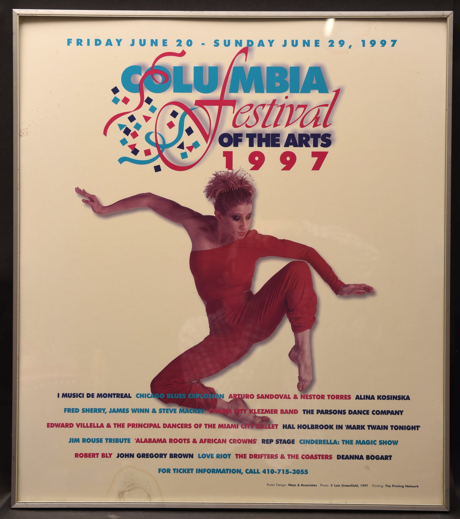 Columbia Festival of the Arts 1997 Poster: This vibrant poster, measuring 22" x 25", promotes the 1997 Columbia Festival of the Arts, held from Friday, June 20th to Sunday, June 29th, 1997. The poster features a dynamic design with bold typogr