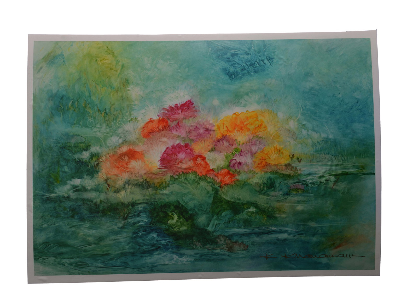 Crimson Bloom , Kamran Khavarani: This vibrant giclée on canvas, mounted on board, captures the lush intensity of a floral dreamscape. Artist Kamran Khavarani masterfully blends shades of deep crimson, rose, and hints of violet and b