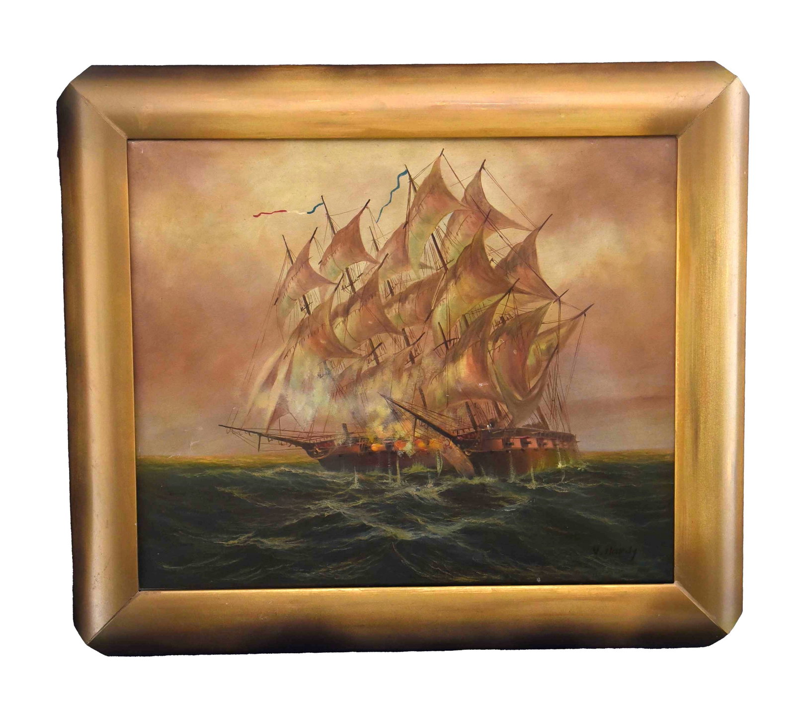 Naval Engagement at Dusk Oil On Canvas: This dramatic oil on canvas painting, measuring 29" x 27", depicts a powerful naval engagement at sea. The artwork captures a tall ship, likely a frigate or ship of the line, in the midst of a fierce