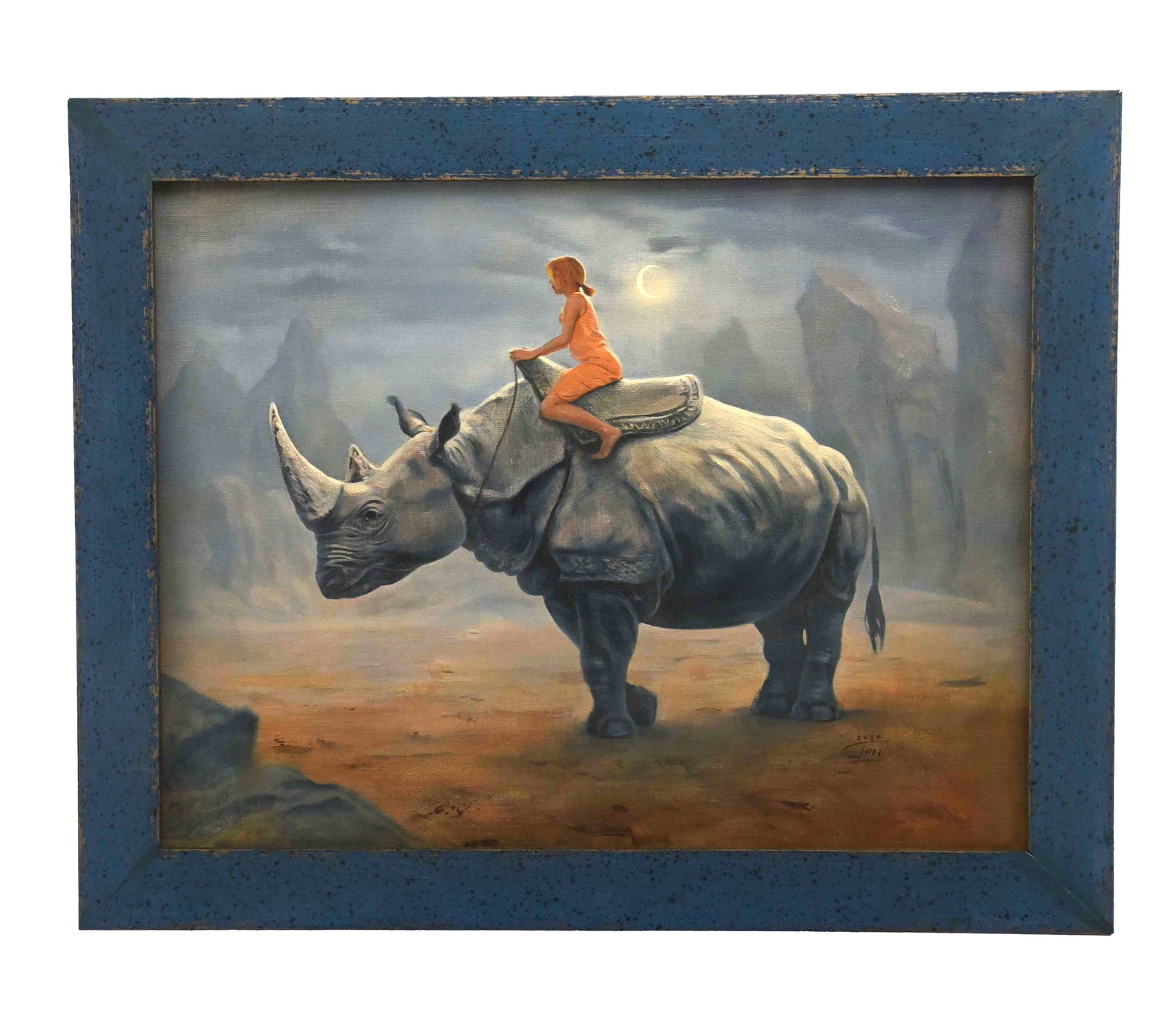 Lunar Journey Oil On Canvas By Yahya Roydel: Lunar Journey" is a captivating oil on canvas painting by Yahya Roydel, measuring 29" x 24". The artwork depicts a young girl, dressed in an orange garment, riding atop a majestic rhinoceros under a c