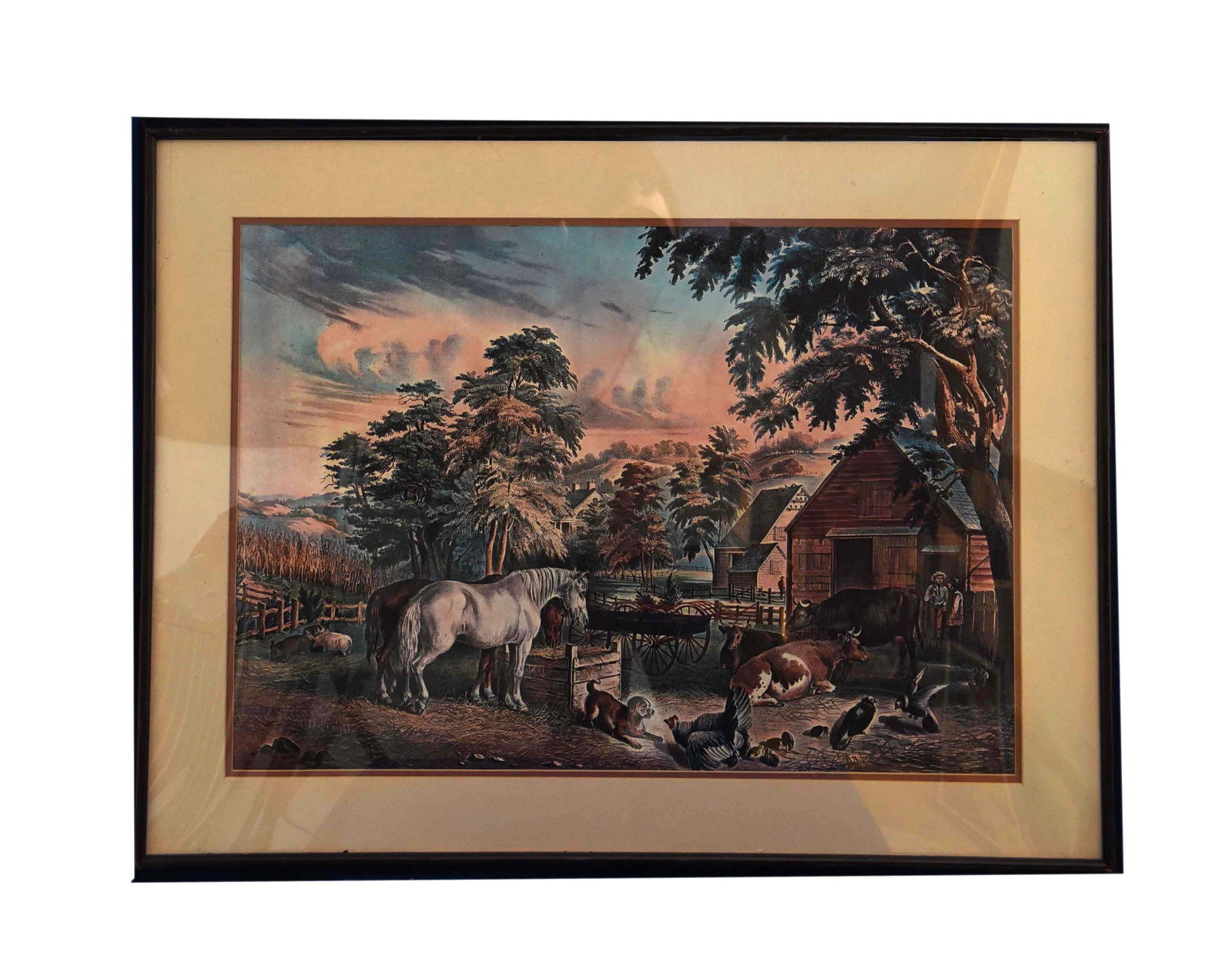 Pastoral Harmony Colored Engraving: This charming colored engraving, measuring 29" x 21", depicts an idyllic 19th-century American farm scene at what appears to be dawn or dusk, judging by the soft, warm hues in the sky. In the foregrou
