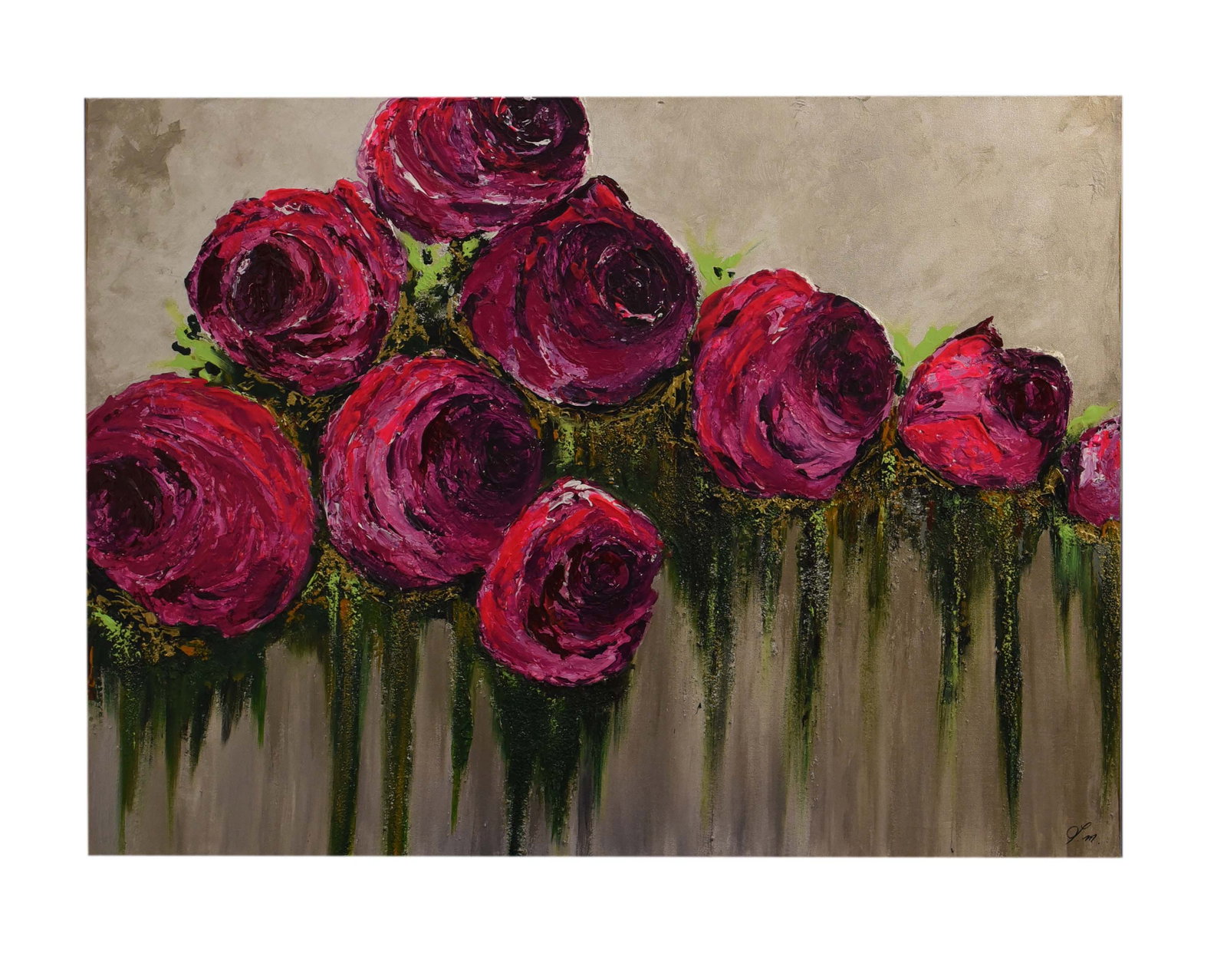 Crimson Cascade Oil On Canvas By Lily Movahedi: Lily Movahedi's "Crimson Cascade" is an evocative oil on canvas, measuring 40" x 30". This painting features a lavish cluster of deep crimson and magenta roses, rendered with bold, impasto strokes tha