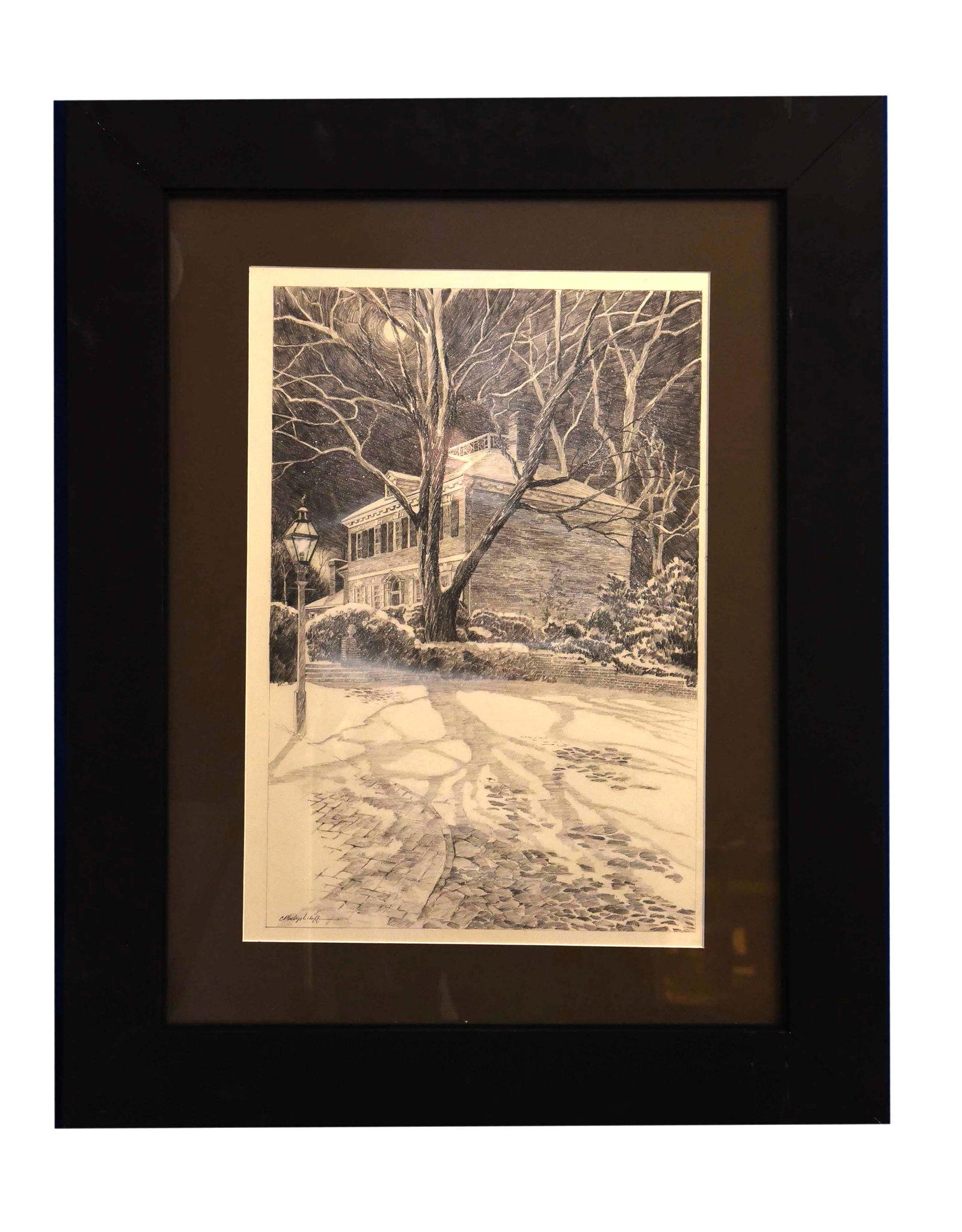 Moonlit Cobblestones , C. Phillip Wikoff (American, 1943-2017): This captivating drawing by C. Phillip Wikoff (American, 1943-2017) measures 23" x 29" and showcases the artist's remarkable ability to render intricate detail and evocative atmosphere. Depicting a cl