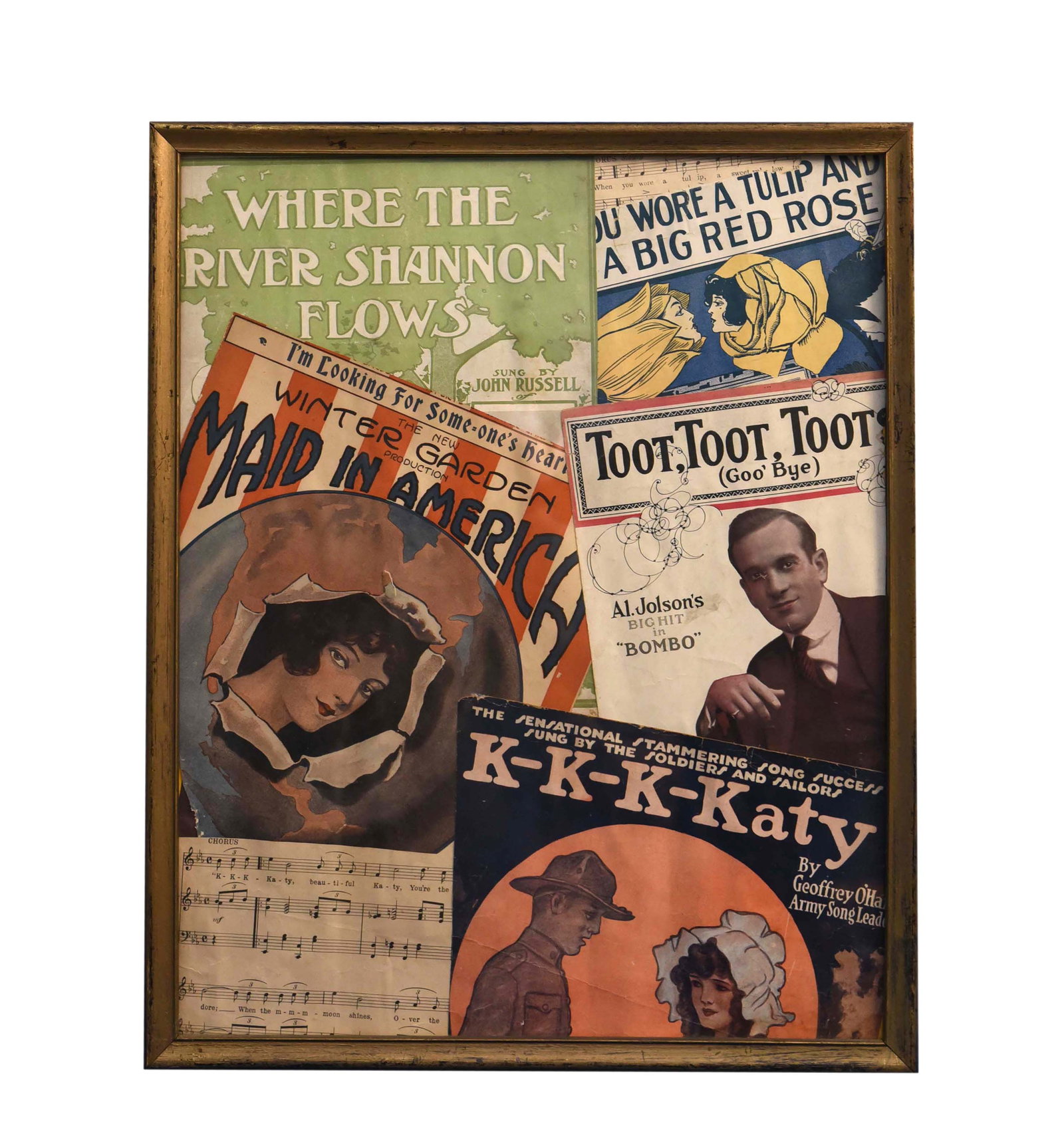 Echoes of Tin Pan Alley: A Musical Montage MixMedia: This captivating 17" x 21" mixed media artwork is a nostalgic tribute to the golden era of American popular music, specifically the Tin Pan Alley period. The piece thoughtfully collages various elemen