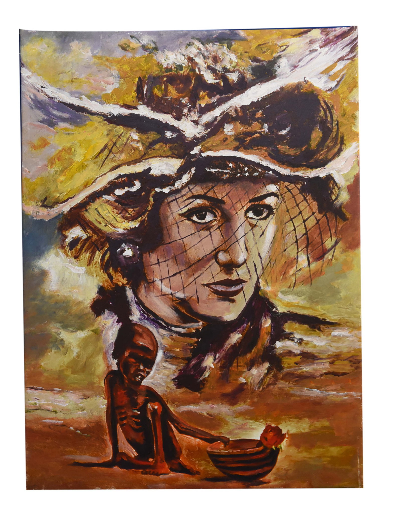 The Princess and the Child" - A Mystical Realism Work by Davood Roostaie(1959-2023): This striking giclee on canvas Limited Edition 1/10 is a powerful example of Davood Roostaie's (1959-2023) unique "Mystical Realism" style. The composition prominently features a large-scale, emotiona