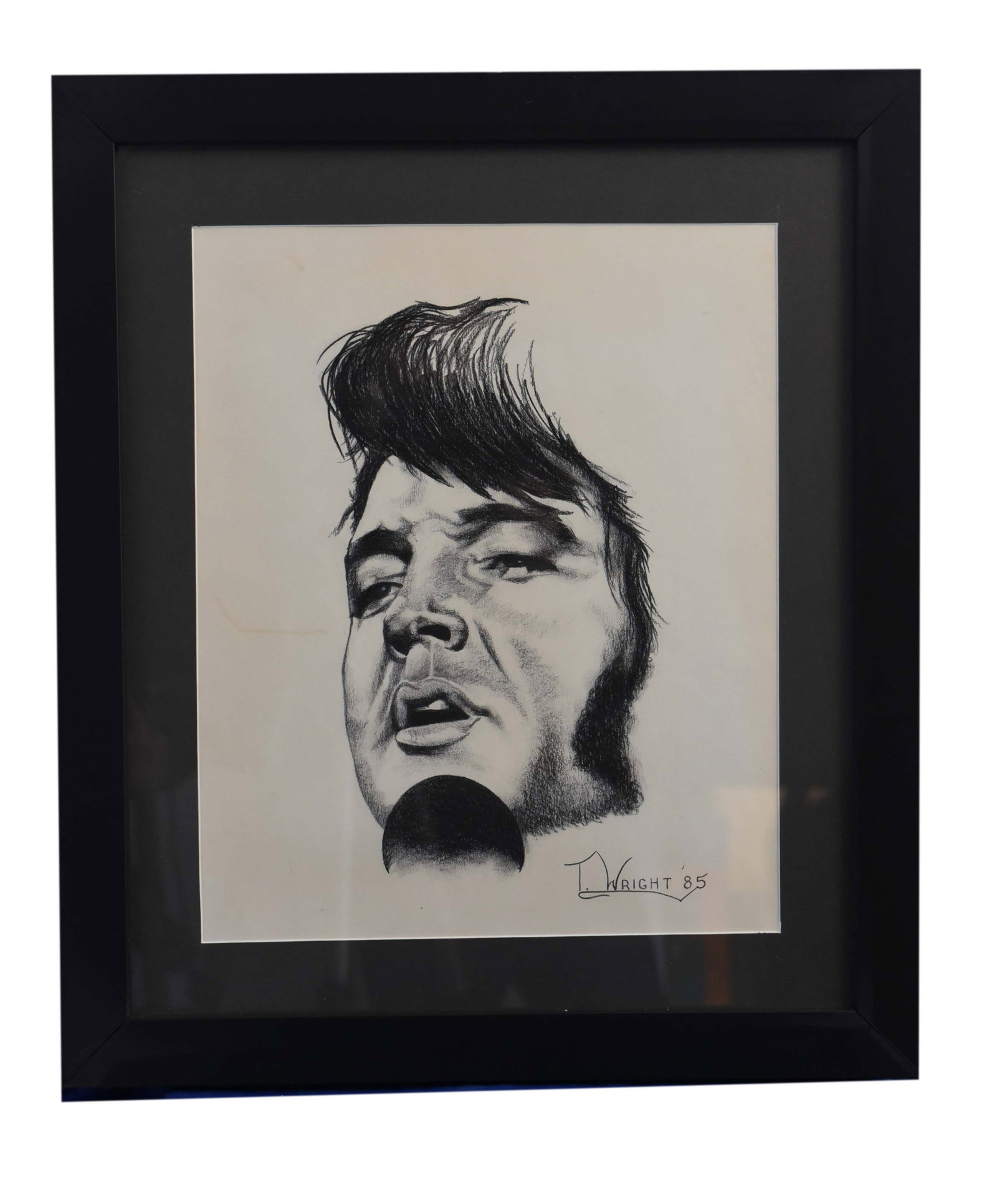 Elvis Presley Portrait (1985) by T. Wright: An evocative 19" x 21" pencil drawing from 1985, signed by the artist T. Wright. This piece powerfully portrays Elvis Presley, focusing on his iconic eyes and the distinctive snarl often associated wi