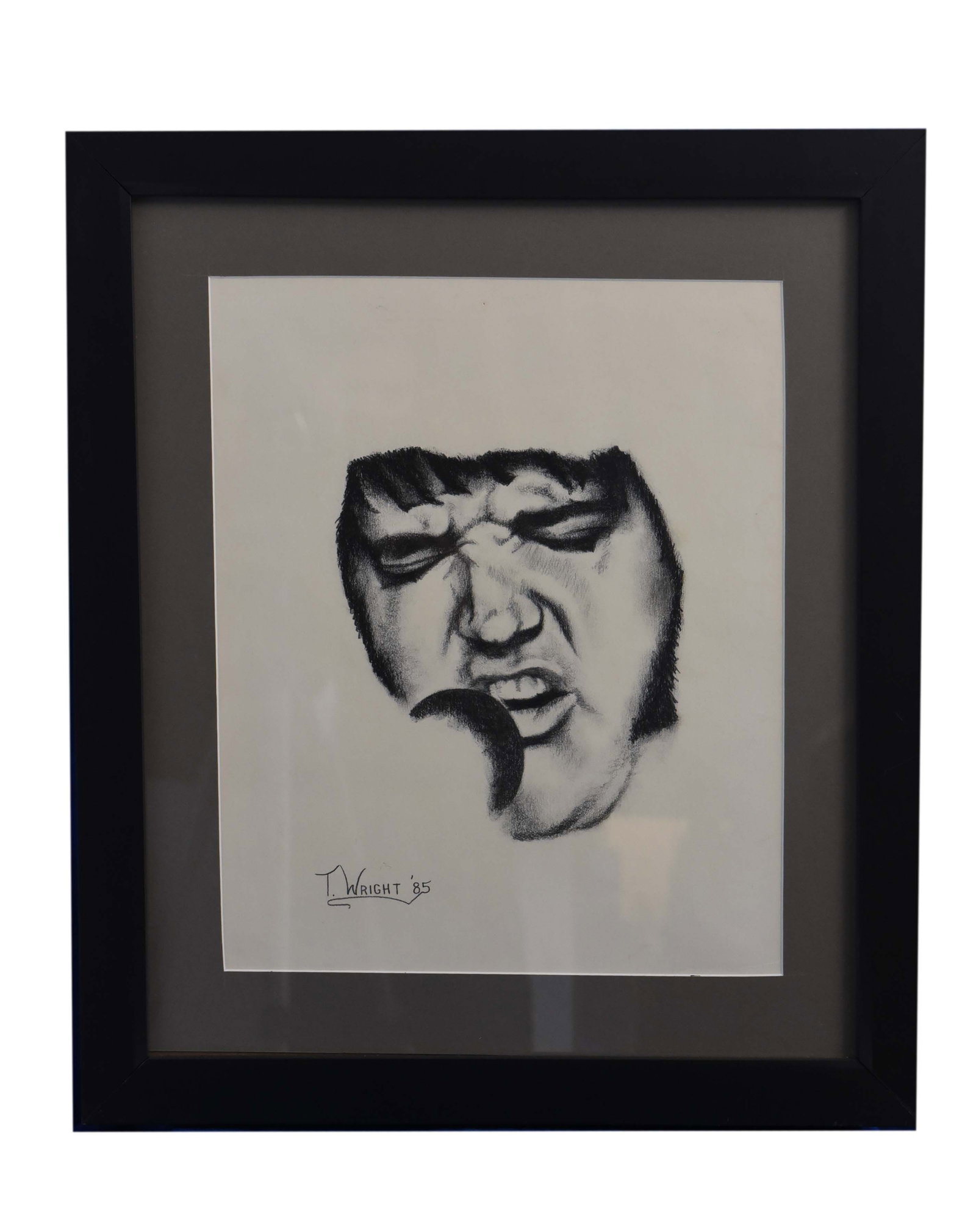 Elvis Presley Portrait (1985) by T. Wright: An evocative 19" x 21" pencil drawing from 1985, signed by the artist T. Wright. This piece powerfully portrays Elvis Presley, focusing on his iconic eyes and the distinctive snarl often associated wi